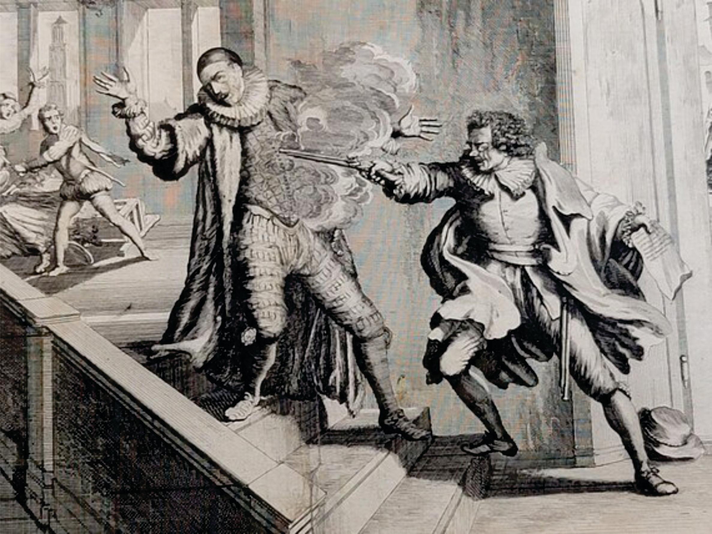 The Assassination of William of Orange von Jan Luyken, 1649~1712 (Niederländisch Kolonial) im Angebot