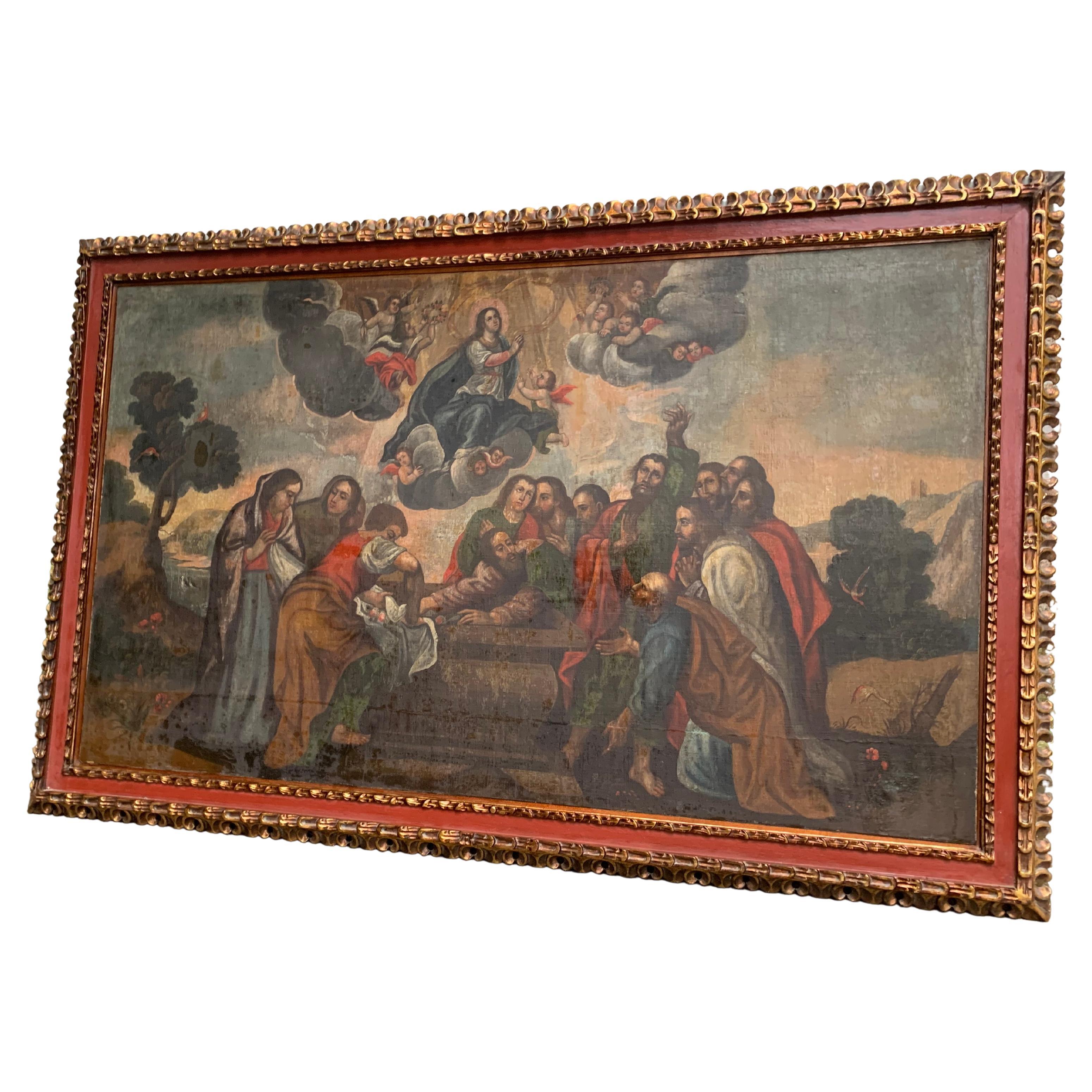 Dieses prächtige Ölgemälde aus der spanischen Kolonialzeit des 18. Jahrhunderts ist ein bemerkenswertes Beispiel religiöser Kunst und zeigt eine atemberaubende Darstellung der Entschlafung der Jungfrau Maria. Dieses großformatige Kunstwerk erregt