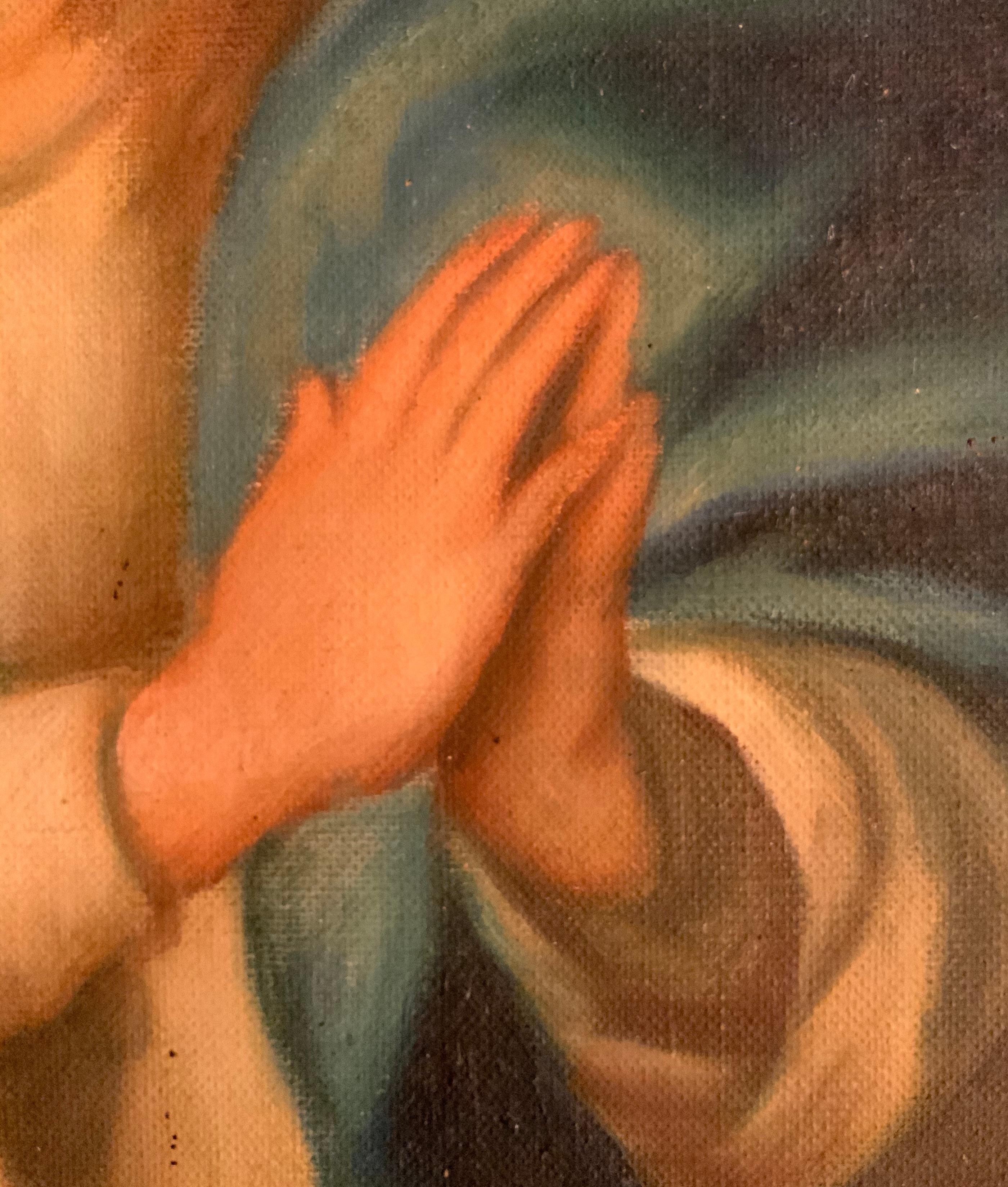 This is a large oil painting of The Assumption of the Virgin Mary after Bartolomé Esteban Murillo. It depicts when the Virgin Mary body and soul are taking up into heaven at the end of her earthly life. She is looking up to heaven with her hands in