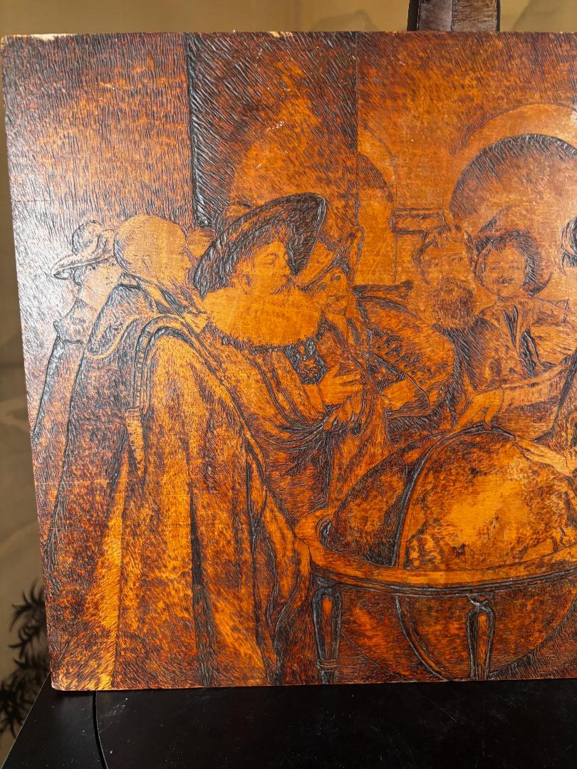 El astrónomo Pintura histórica única de arte popular Firmada 1918 Tallado a mano en venta