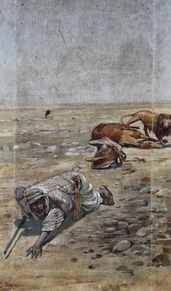 The attack of the lion, Orientalist. Oil on canvas. 19th century.  Signed.