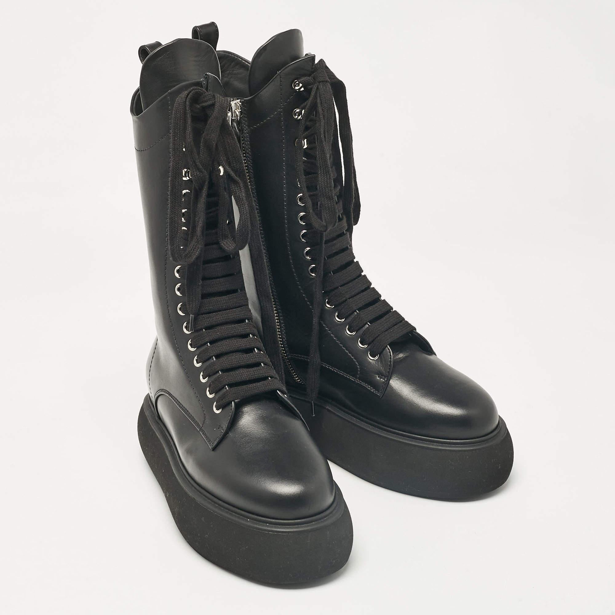 Women's The Attico Black Leather Lace Up Mid Calf Boots Size Size 37