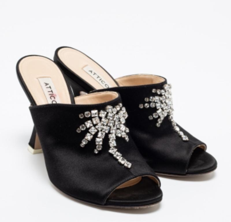 The Attico Satin noir Crystal Embellished Pamela Mules Size 37 1