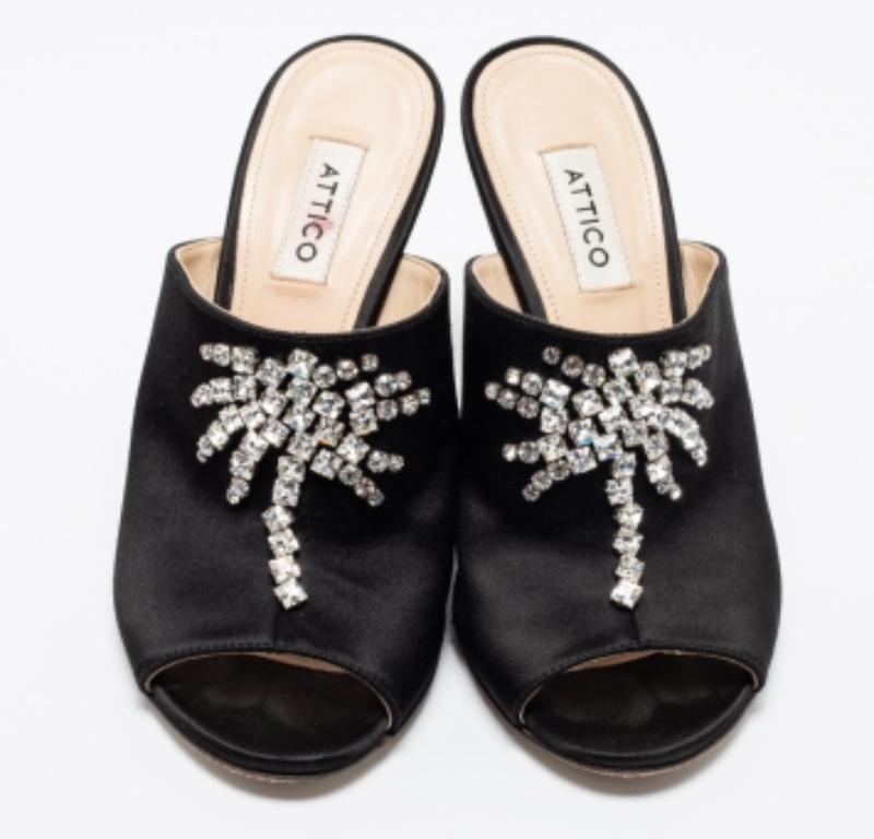 The Attico Satin noir Crystal Embellished Pamela Mules Size 37 2
