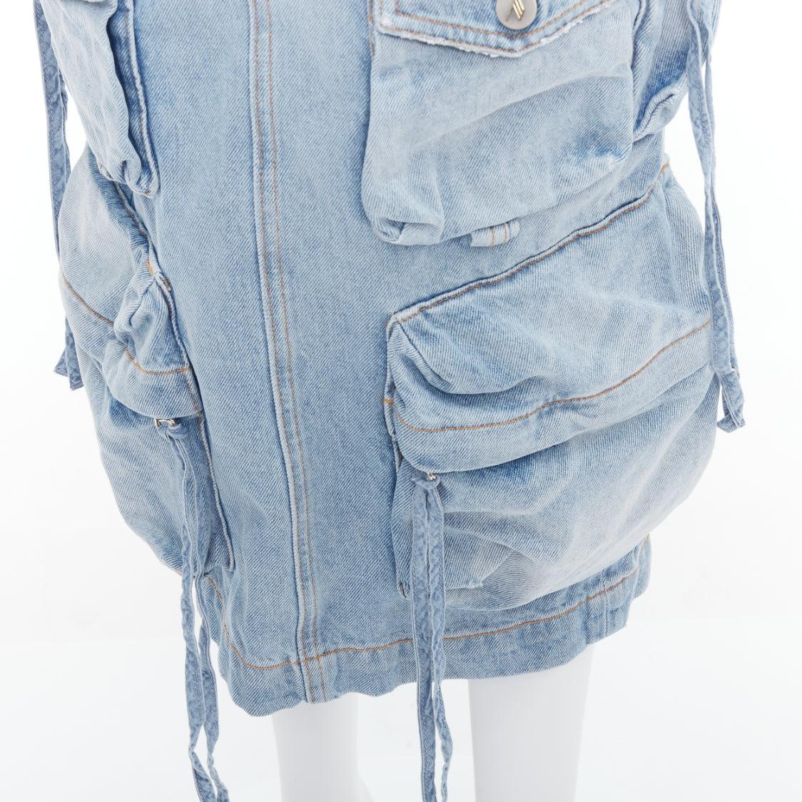 THE ATTICO blue washed denim multi pocket cargo midi skirt 24