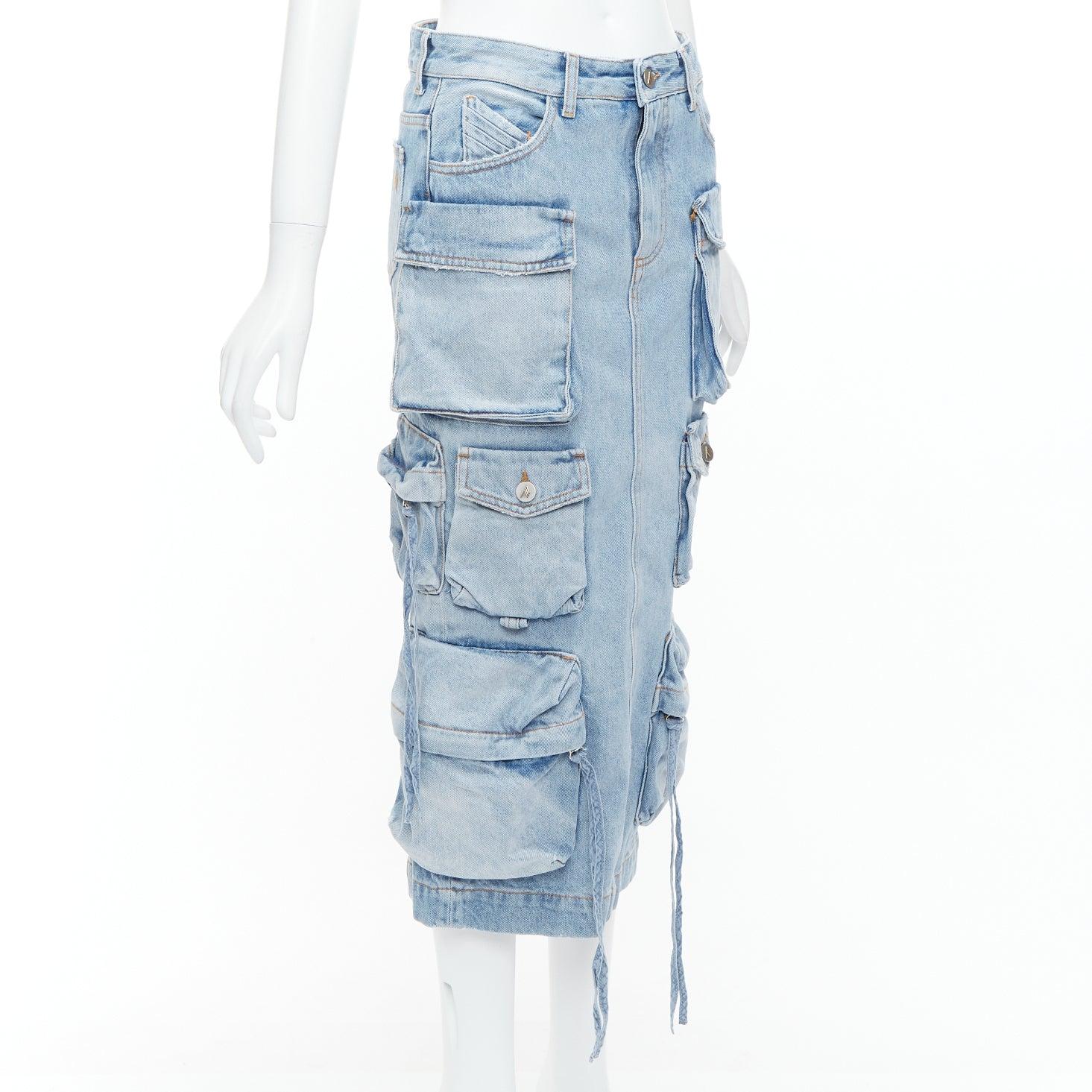 Blue THE ATTICO blue washed denim multi pocket cargo midi skirt 24