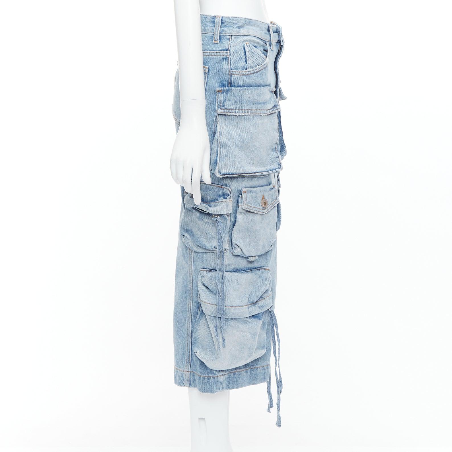THE ATTICO blue washed denim multi pocket cargo midi skirt 24