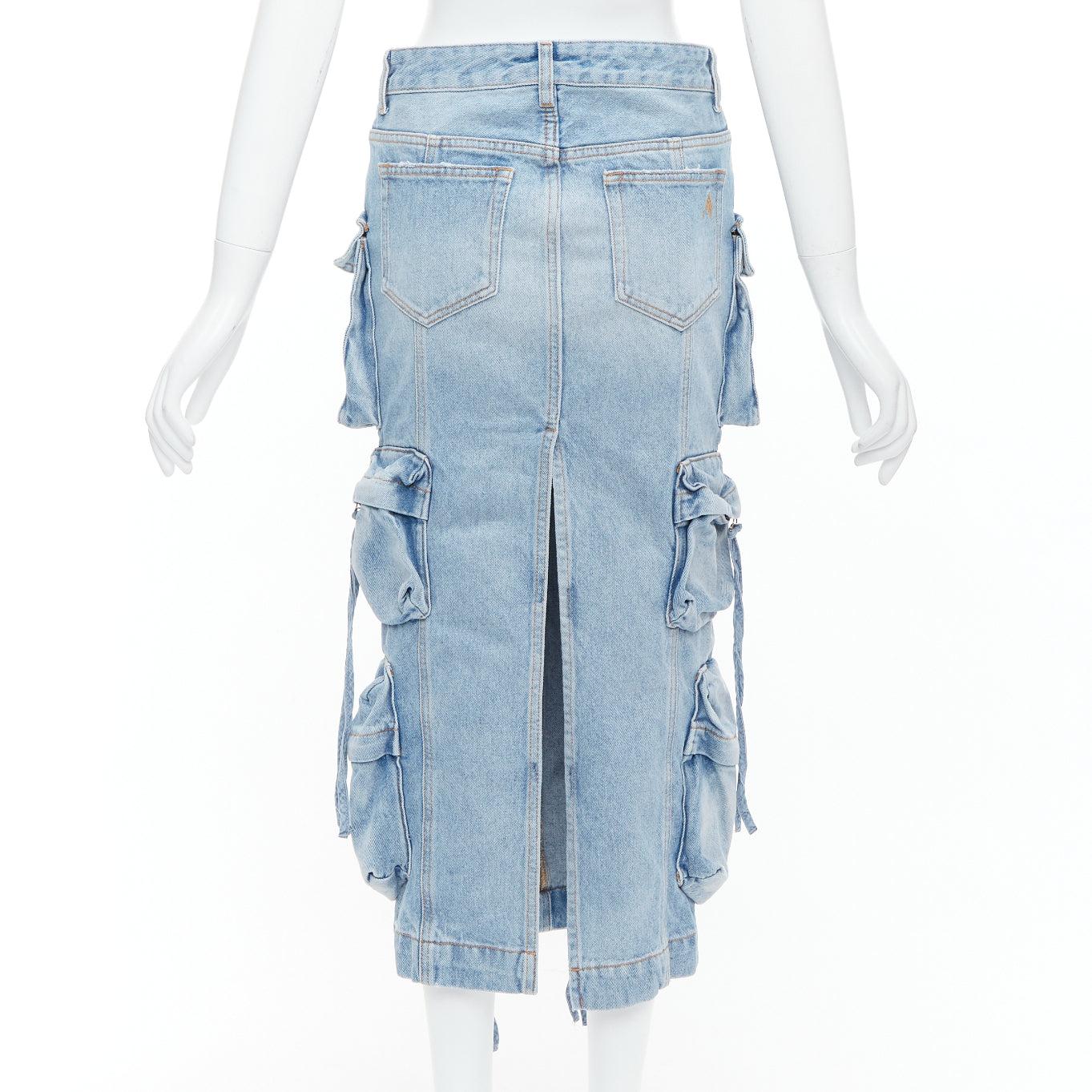 Women's THE ATTICO blue washed denim multi pocket cargo midi skirt 24