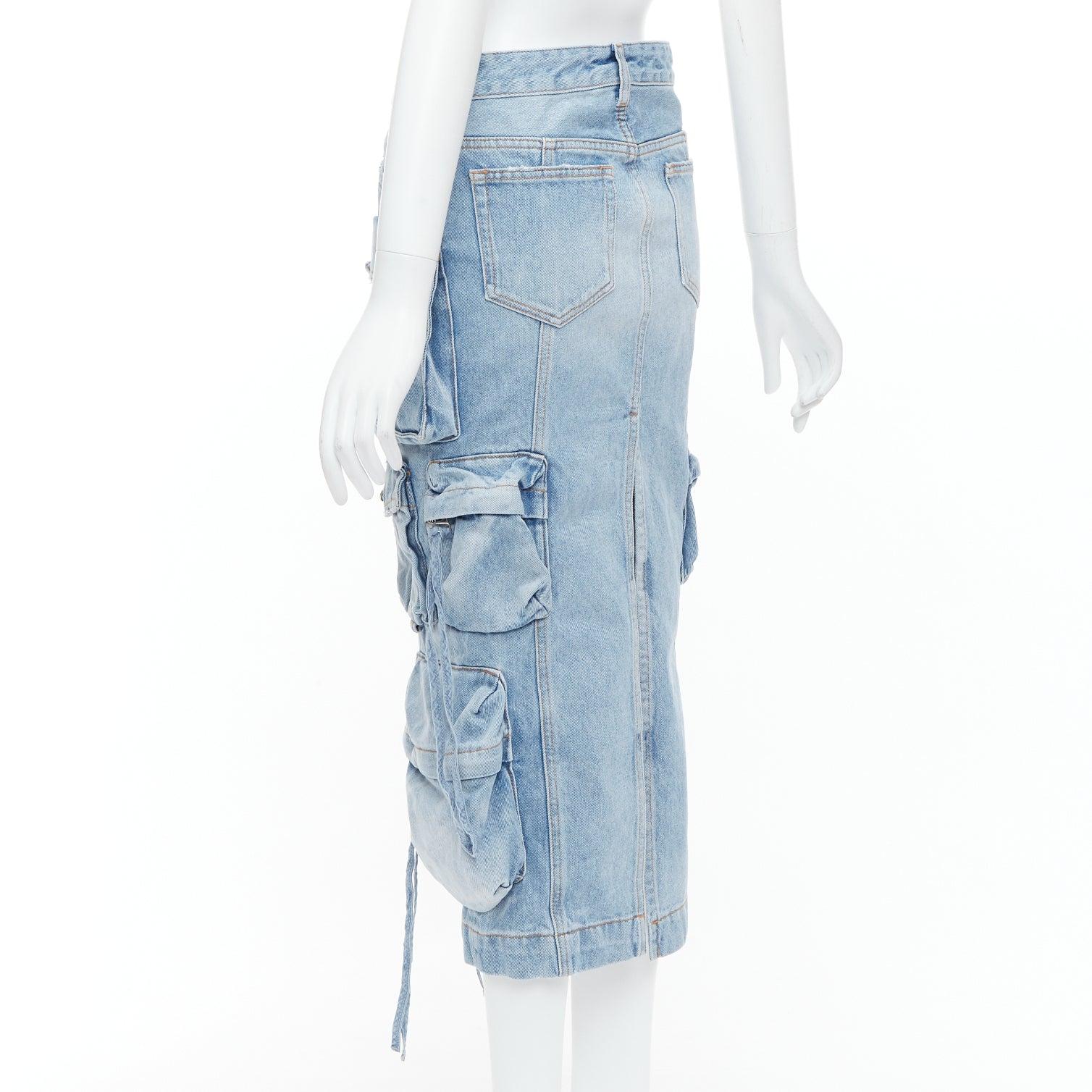 THE ATTICO blue washed denim multi pocket cargo midi skirt 24