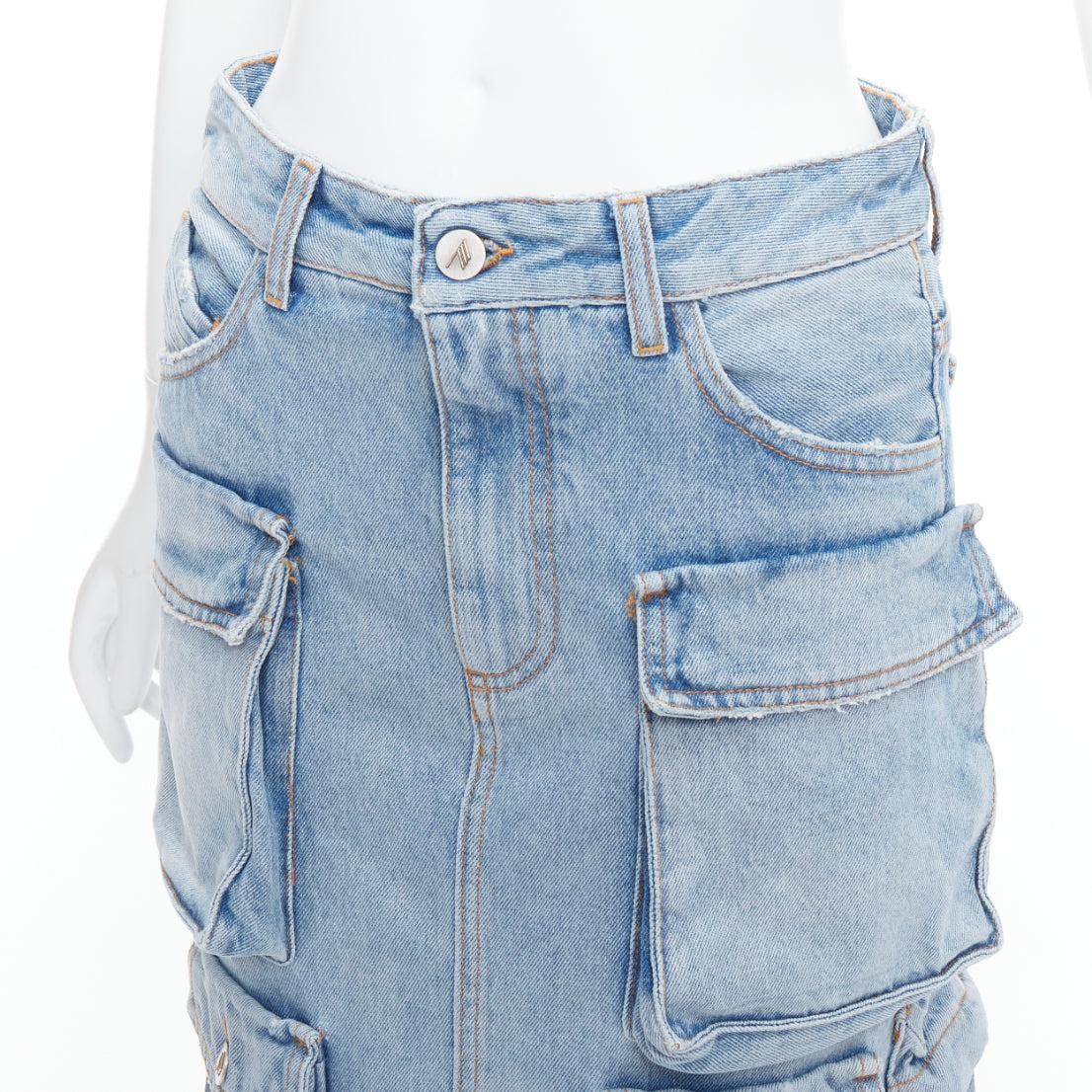 THE ATTICO blue washed denim multi pocket cargo midi skirt 24