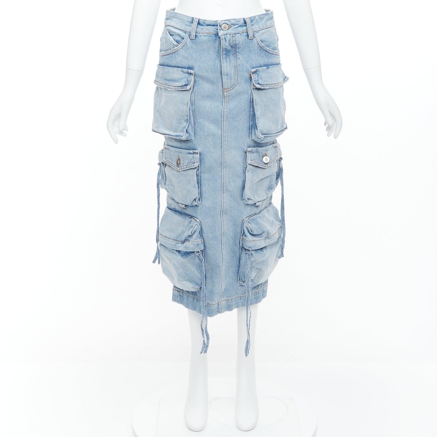 THE ATTICO blue washed denim multi pocket cargo midi skirt 24