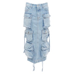 THE ATTICO jupe midi cargo à poches multiples en denim délavé bleu 24"