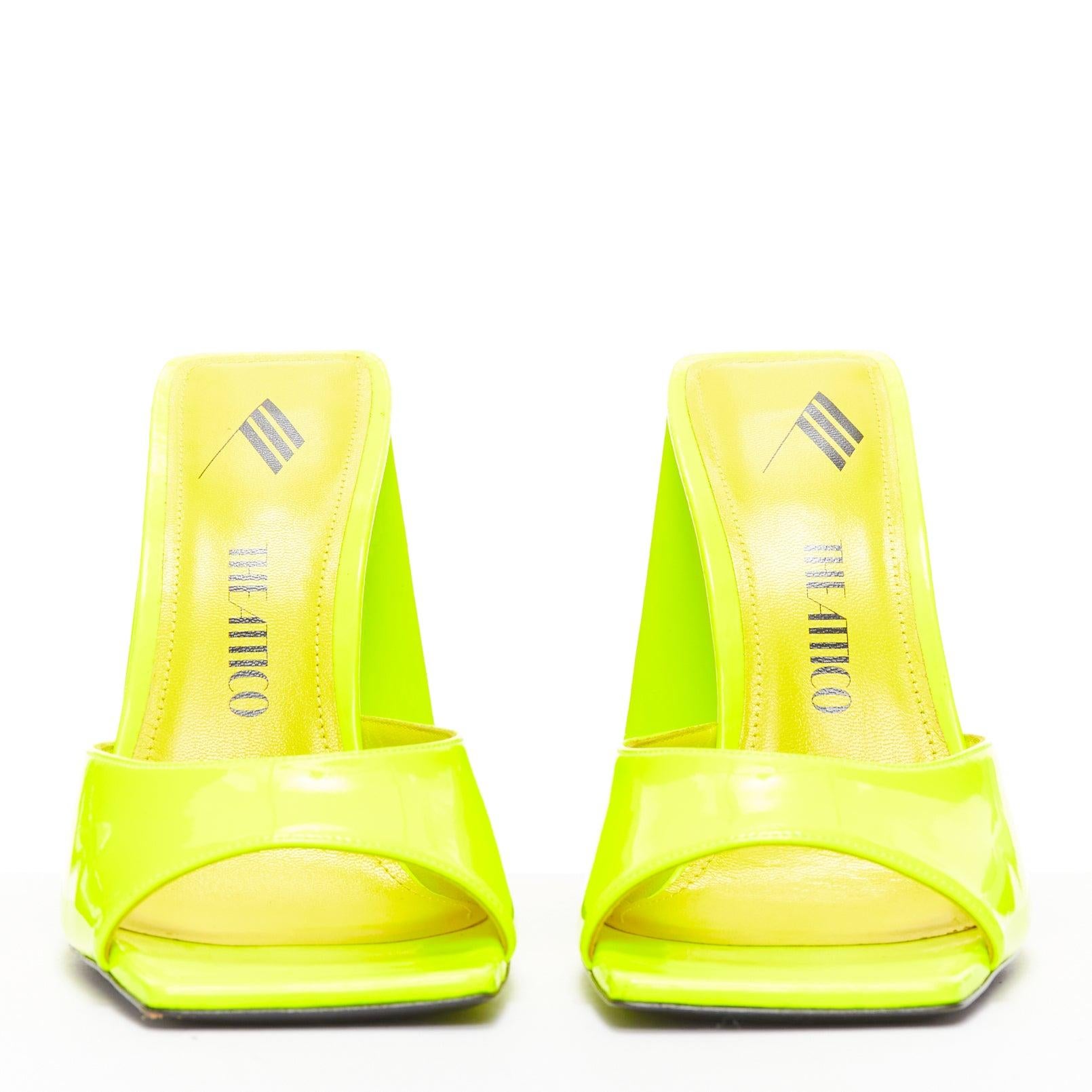 THE ATTICO Devon neon yellow leather open square toe mules heels EU37.5 In Good Condition For Sale In Hong Kong, NT