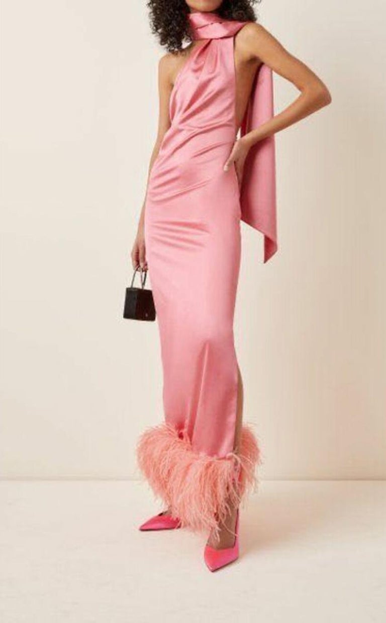 the attico pink feather dress The ATTICO Feather-Trimmed Silk Tie-Neck Maxi Dress EU 42 at 1stDibs