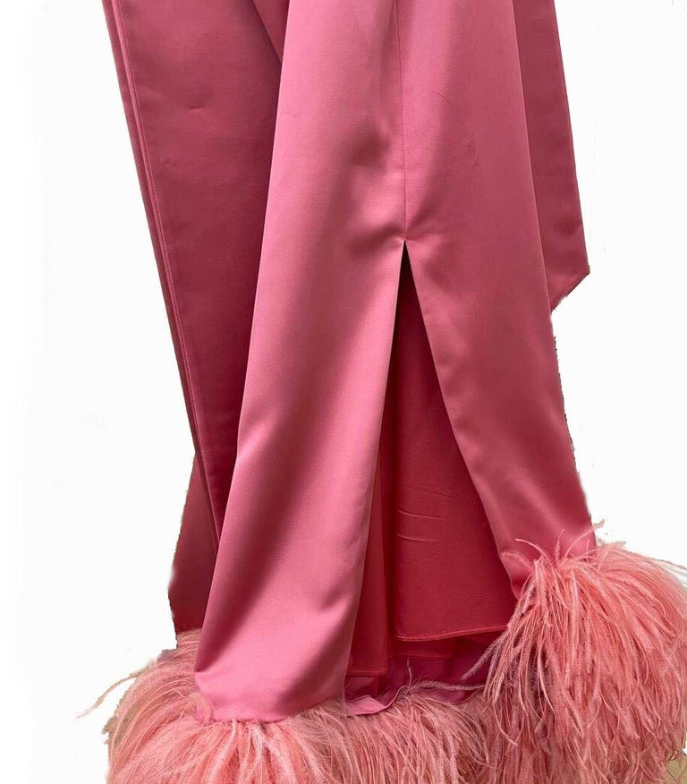 the attico pink feather dress The ATTICO Feather-Trimmed Silk Tie-Neck Maxi Dress EU 42 at 1stDibs