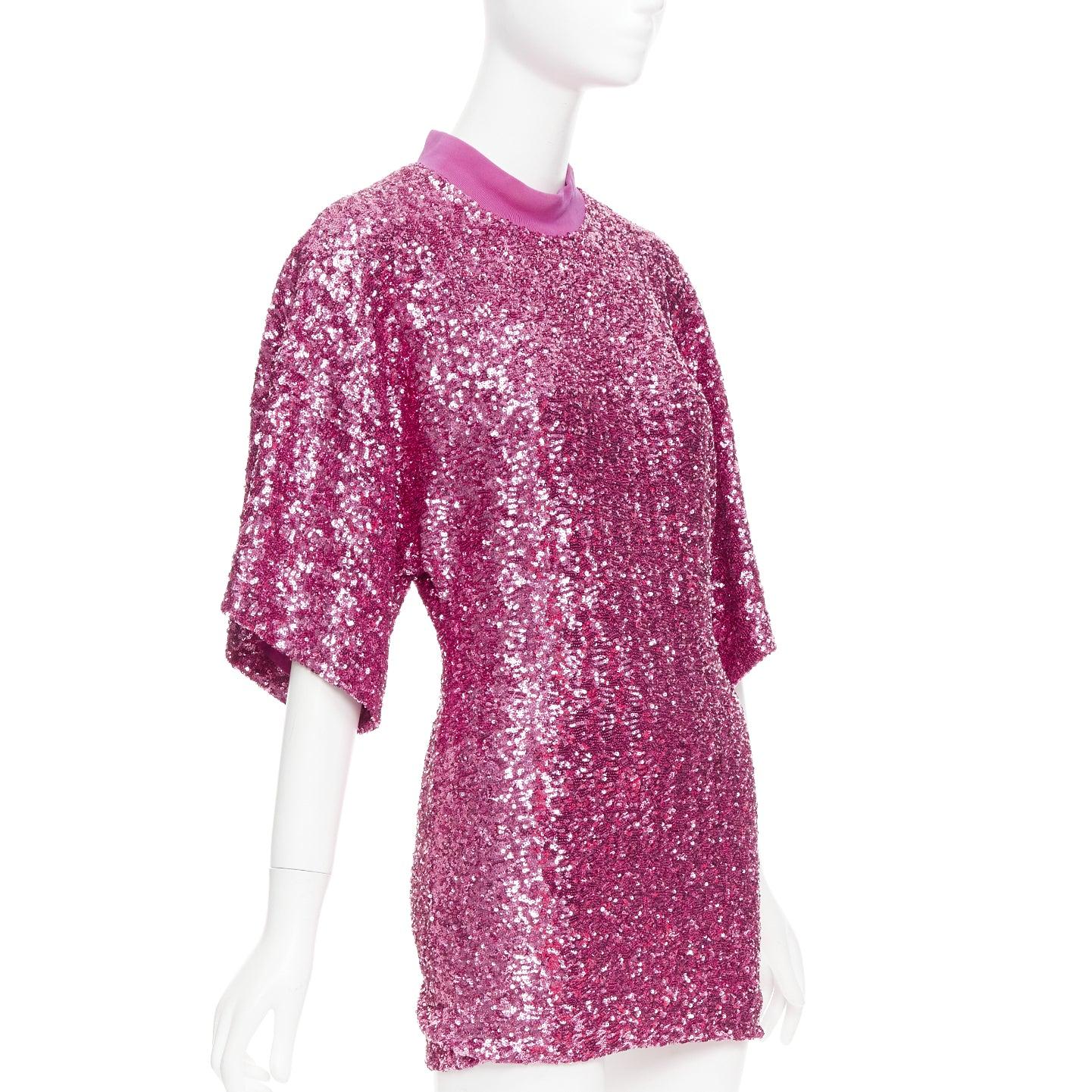 Pink THE ATTICO hot pink sequin dolman sleeves crew neck mini dress IT38 XS For Sale