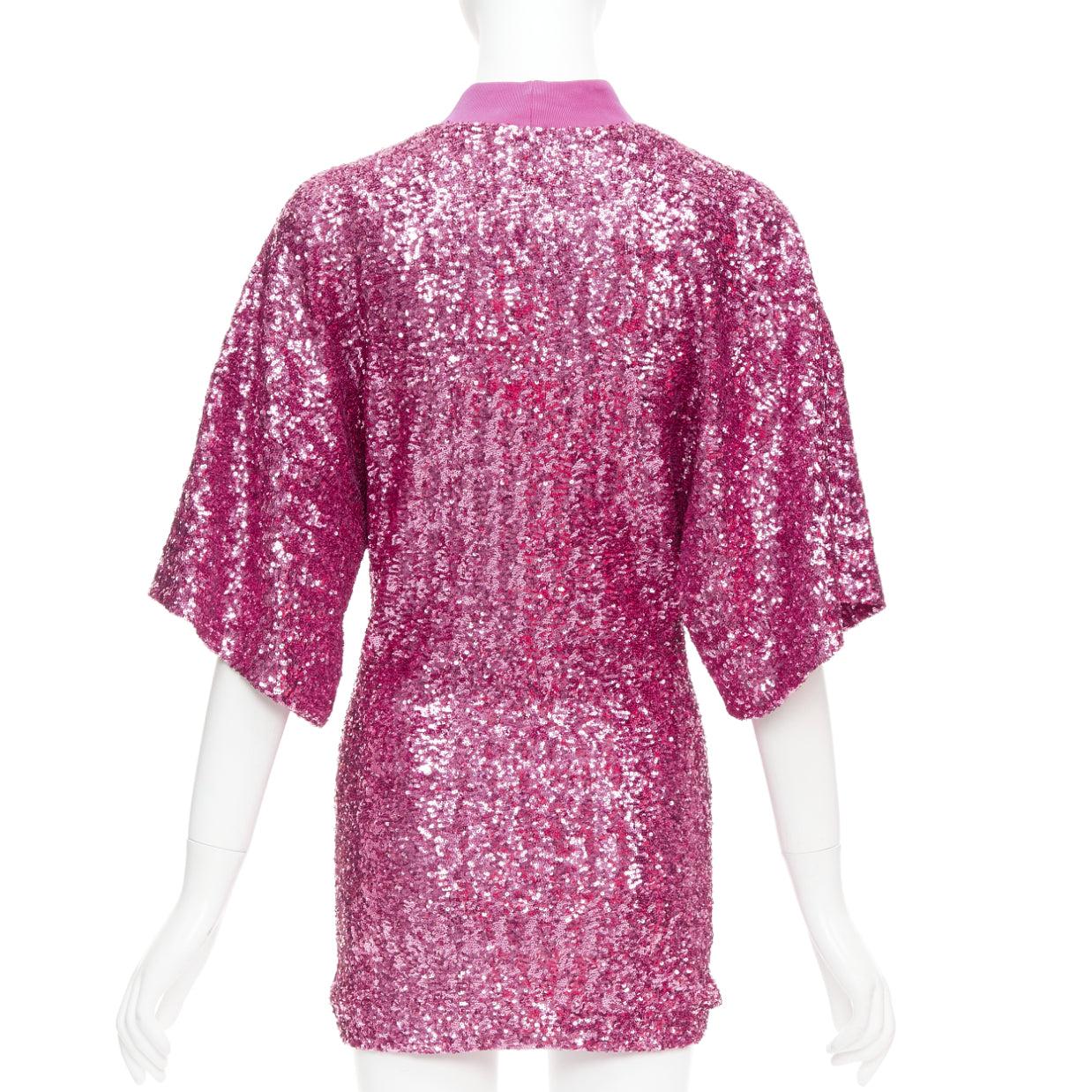Women's THE ATTICO hot pink sequin dolman sleeves crew neck mini dress IT38 XS For Sale