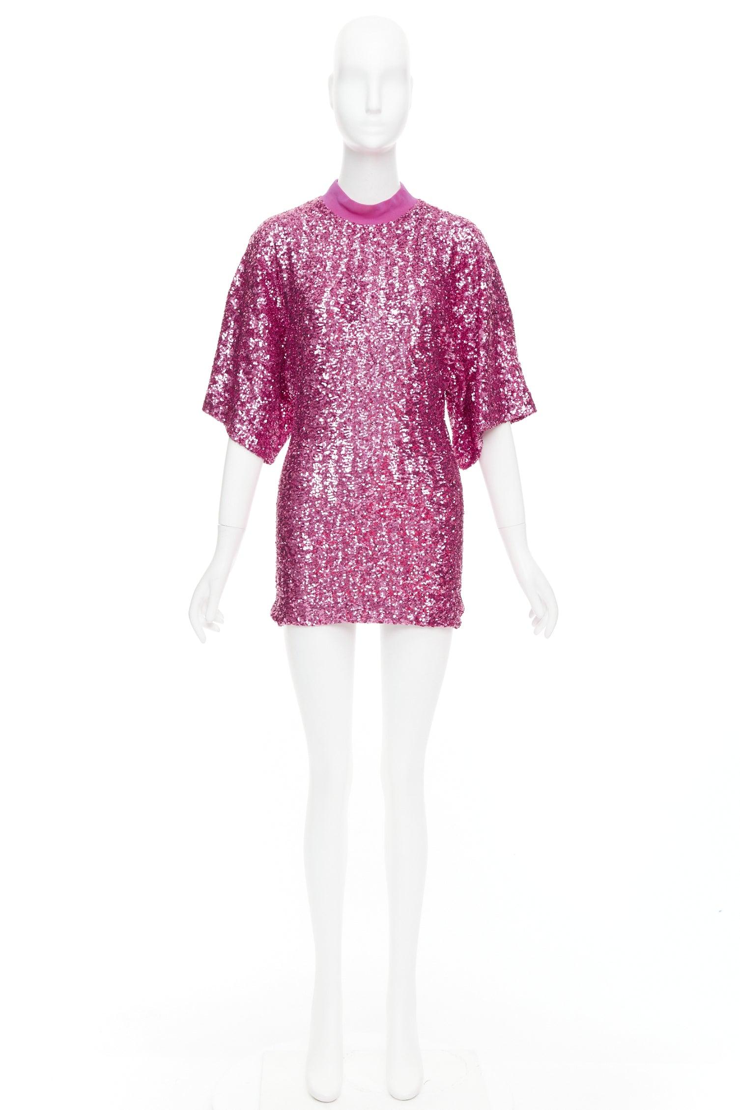 THE ATTICO hot pink sequin dolman sleeves crew neck mini dress IT38 XS For Sale 4