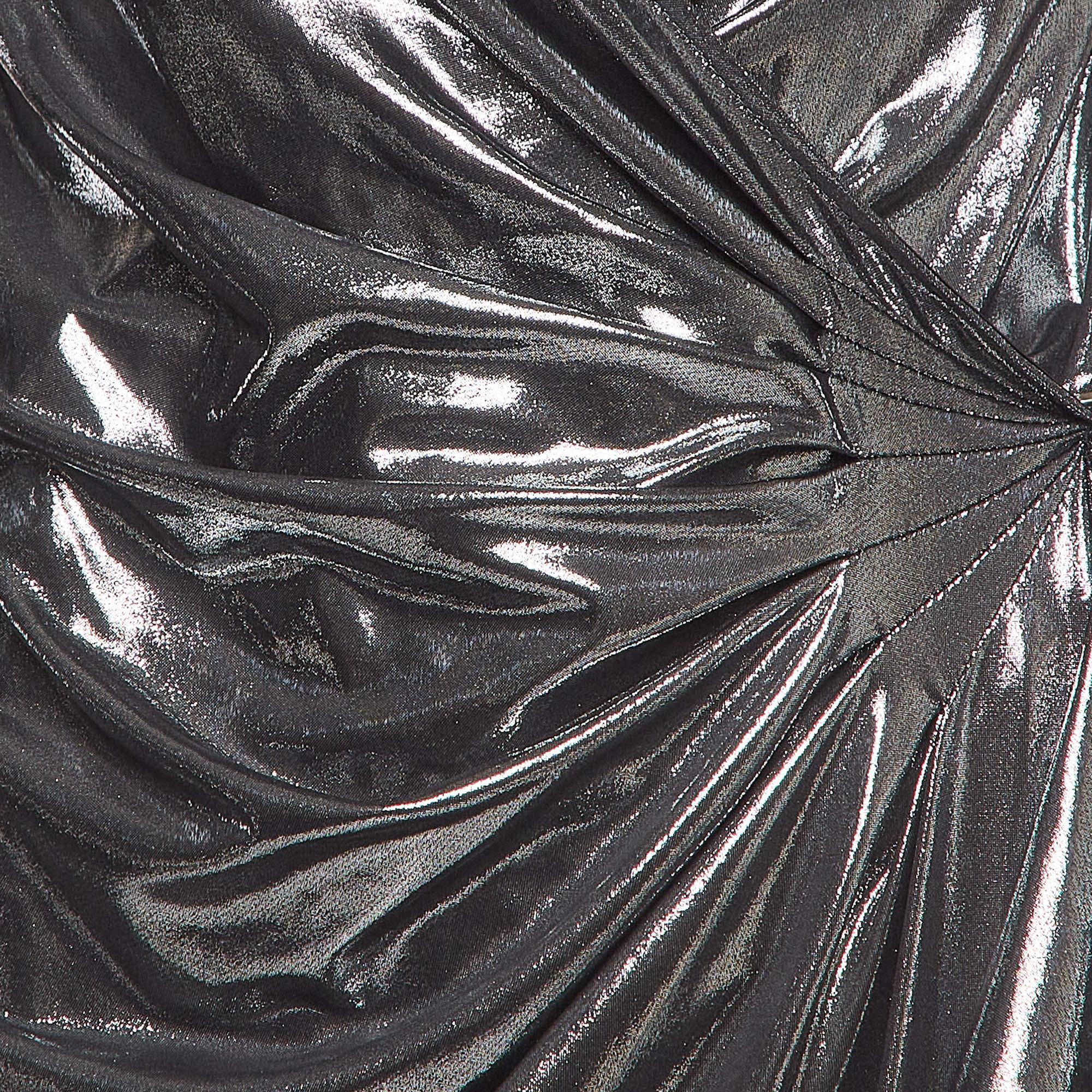 Black The Attico Metallic Silver Lamé Fan Detail Long Dress XS