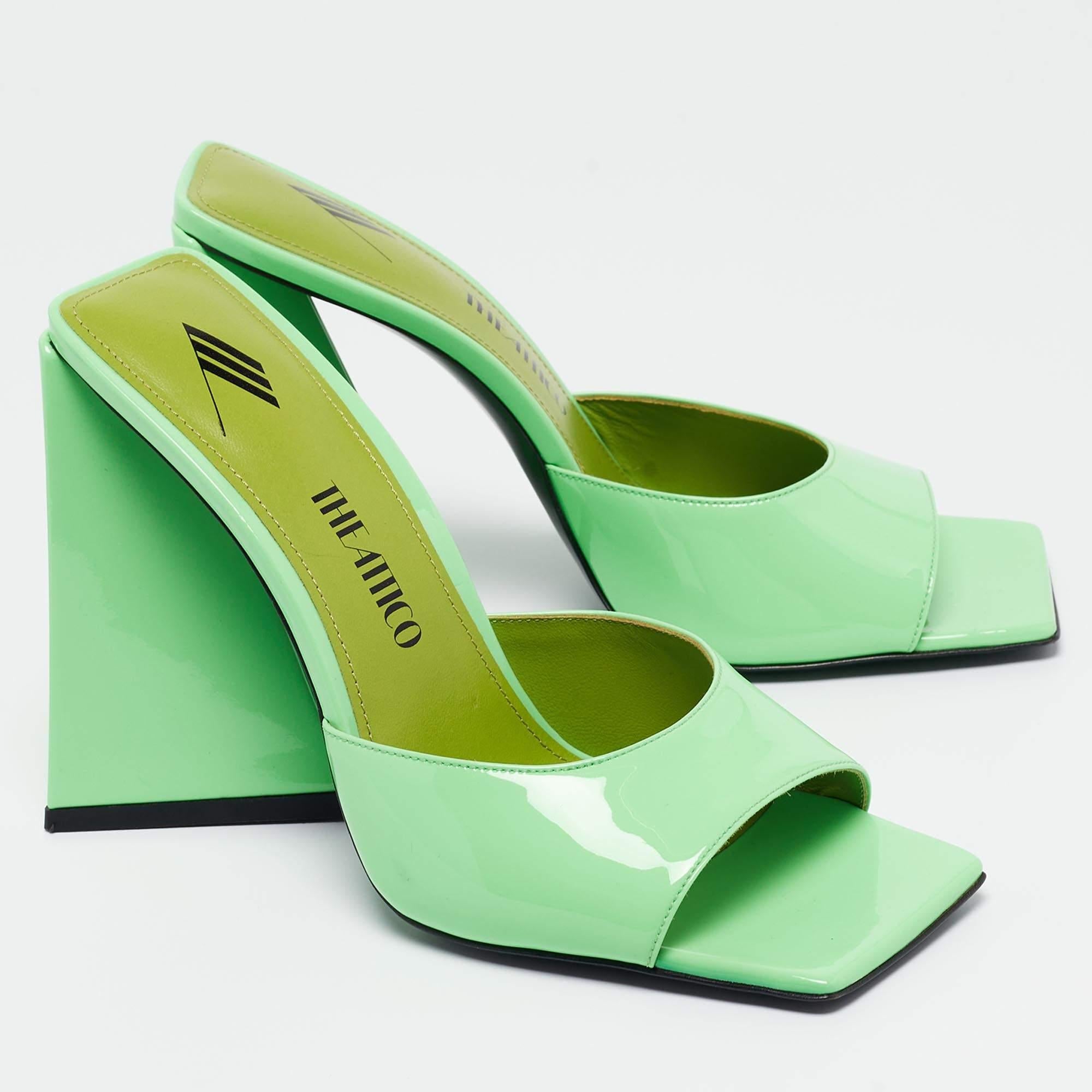 Women's The Attico Neon Green Patent Devon Open Toe Slide Sandals Size 39 For Sale