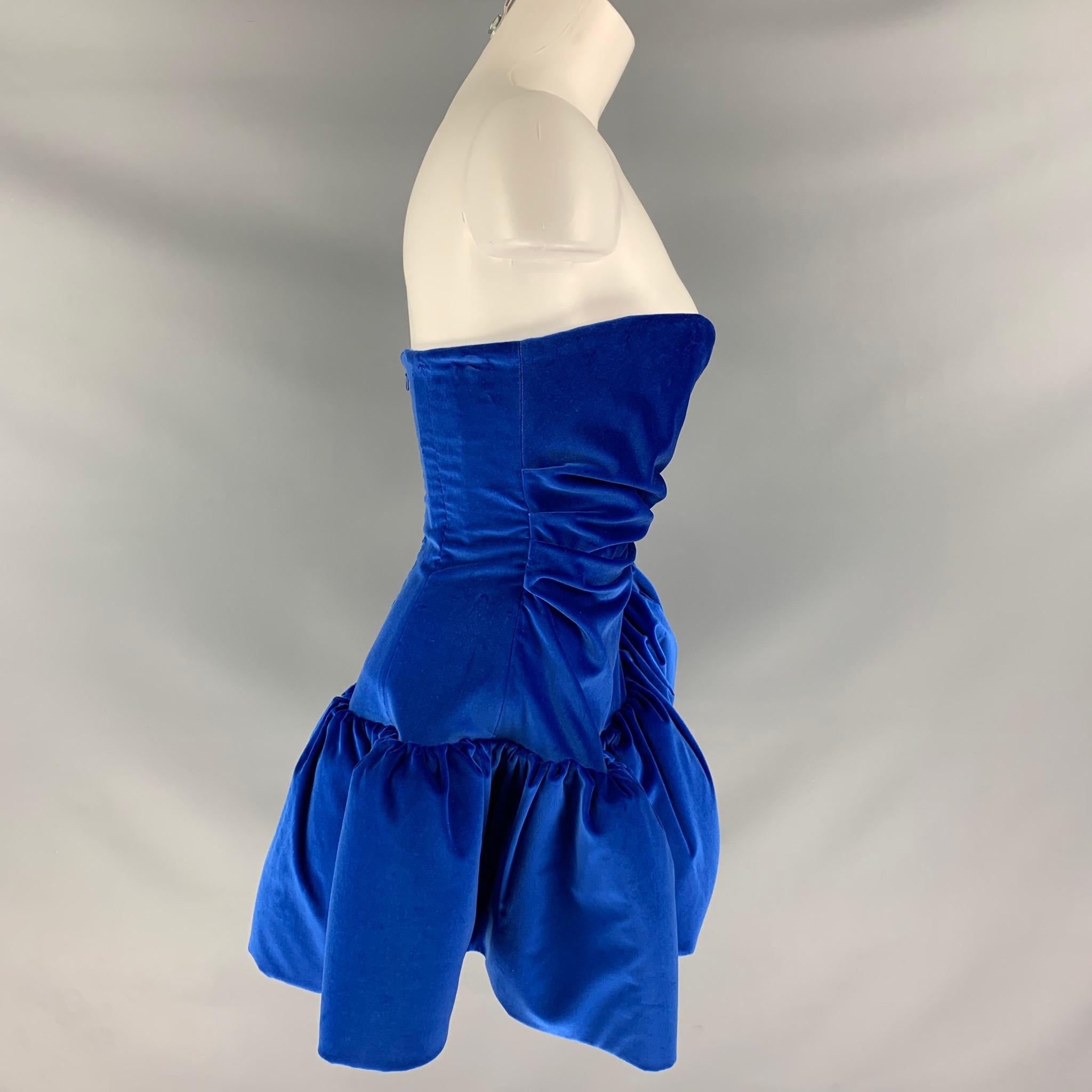 THE ATTICO Royal Blue Velour Cotton & Elastane Ruffled Size 4 Cocktail Dress In Excellent Condition In San Francisco, CA