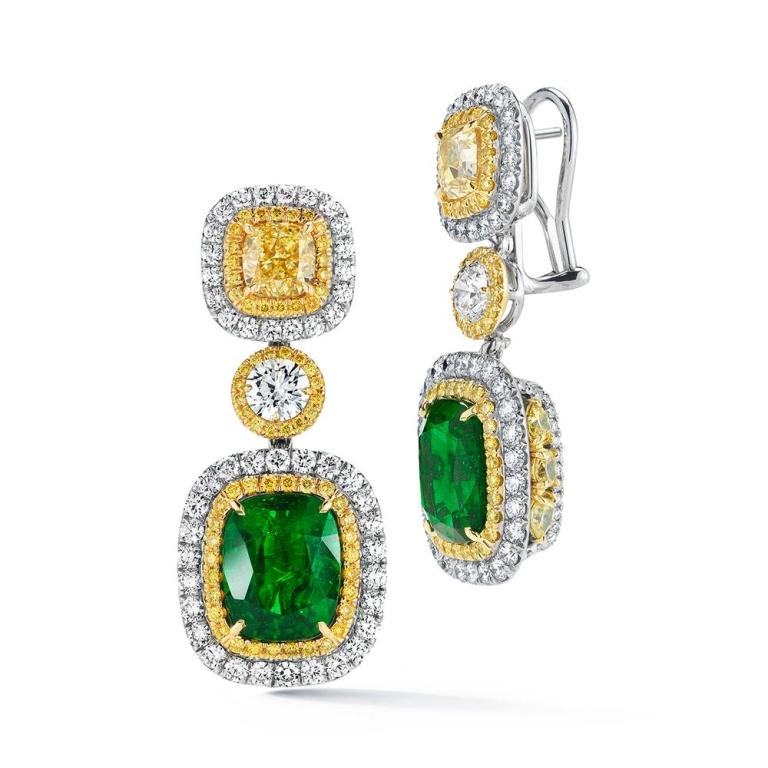 THE AUDRA EARRINGS A stunning set of GIA certified Emeralds surrounded by cushion and round shaped diamonds are showcased in this beautiful pair of earrings. Each layer of these earrings starting from the top layer of white and yellow diamonds