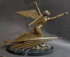 "The Aviator", Classic Art Deco Bronze Sculpture w/ Nude Male, after Focht