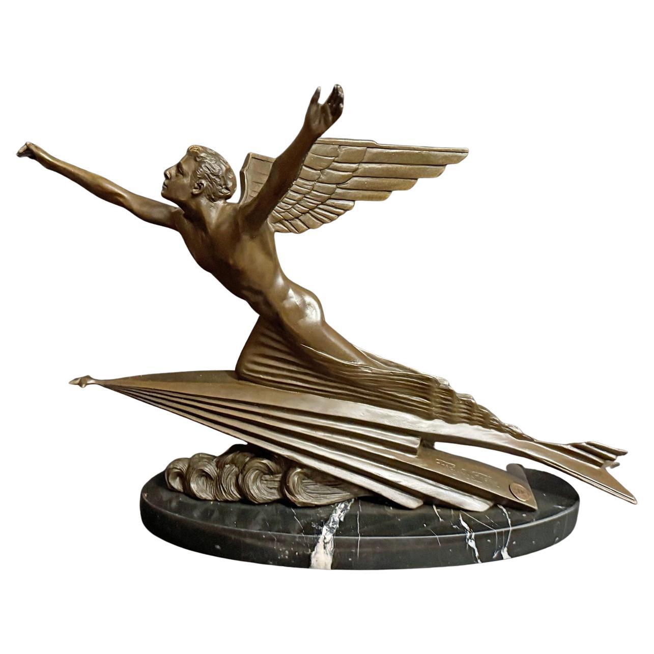 "The Aviator", Classic Art Deco Bronze Sculpture w/ Nude Male, after Focht For Sale