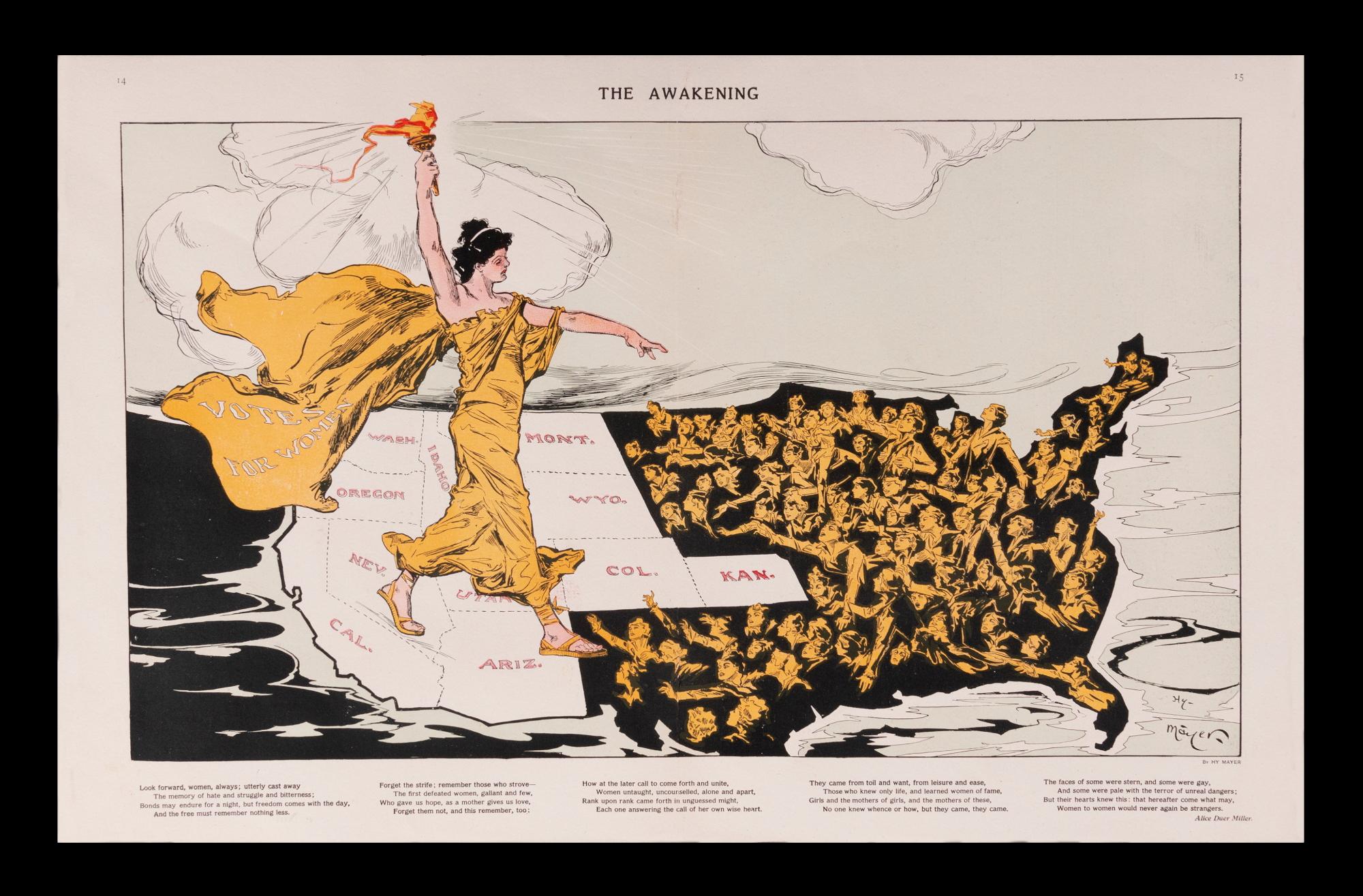 The awakening: an extremely rare & graphic women’s suffrage map, with a torch-bearing suffragette striding across America; a centerfold pictorial insert from the February 1915 issue of Puck Magazine, New York

This beautiful and graphically