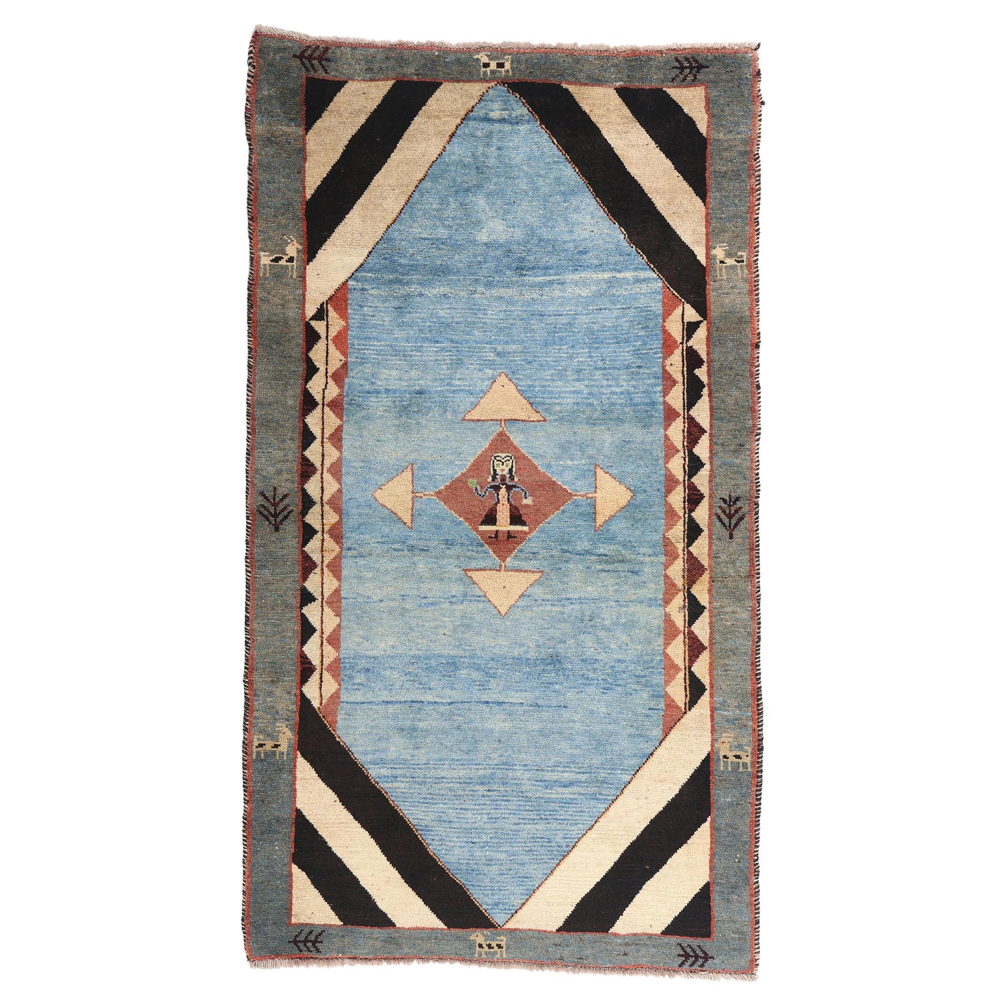 The Azure Nomad: A Vintage Persian Gabbeh Masterpiece of Tribal Elegance For Sale
