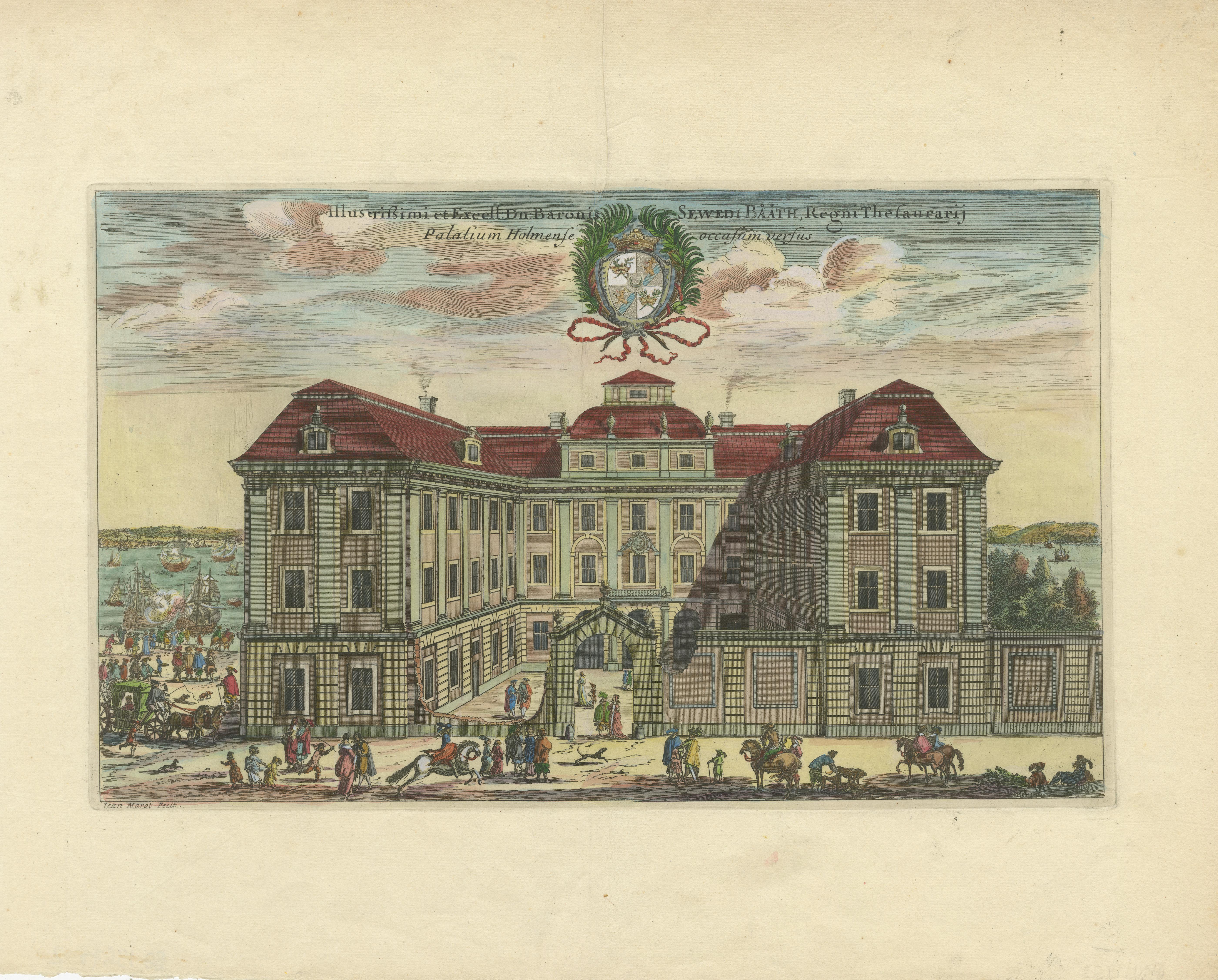 This original antique print depicts an antique hand-colored engraving of the Bååtska Palatset in Stockholm, Sweden, illustrated by Erik Dahlbergh. 

The Bååtska Palatset is a notable building in Stockholm's history, and this particular print is from