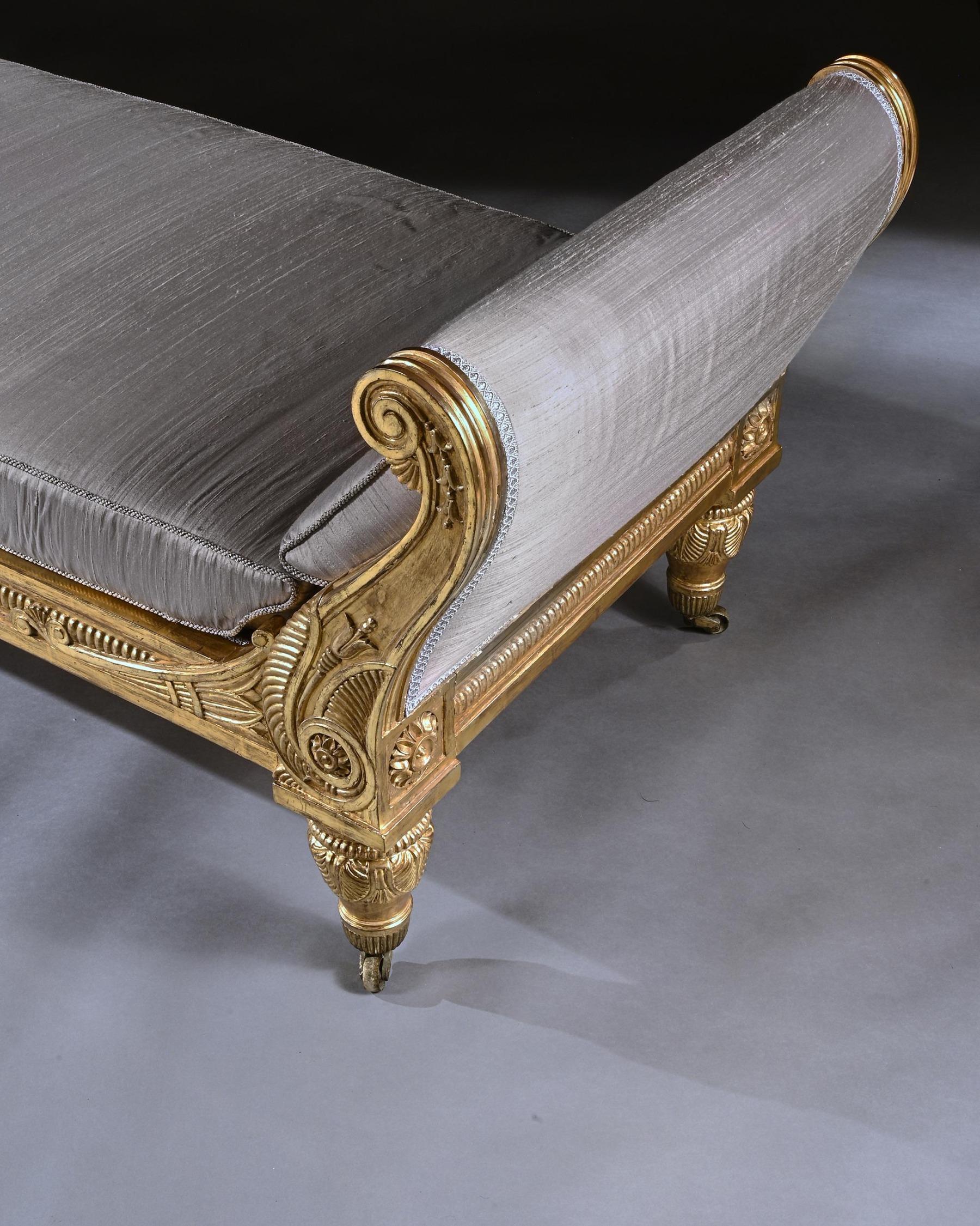 Provenance 
Very likely part of the suite commissioned by the Duke of Beaufort for the Great Drawing Room in Badminton House when it was designed by Sir Jeffry Wyatville in 1811-12.

An extremely rare and elegant Grecian giltwood daybed from the