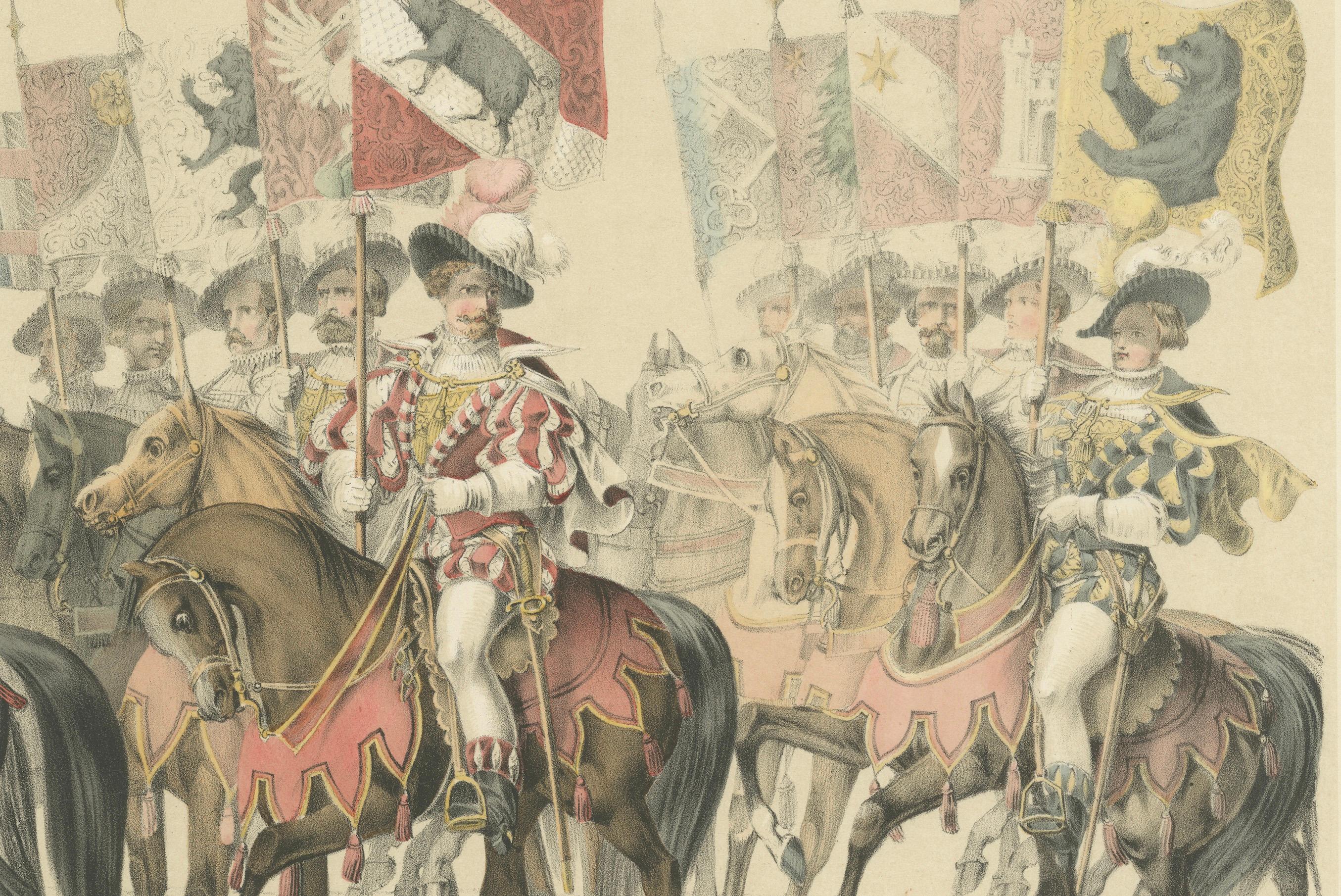 Title:  The Banner Bearers of Bern – A Grand Cavalcade of Swiss Heraldry and Tradition  

Description: These striking hand-colored lithographs are part of the 'Fest Album Celebrating Bern’s Entry into the Swiss Confederation on March 6, 1353,