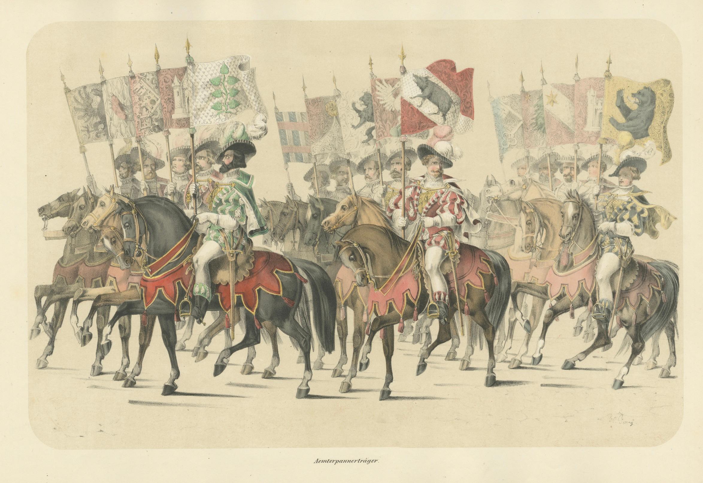 Paper The Banner Bearers of Bern – A Grand Cavalcade of Swiss Heraldry, 1855 For Sale
