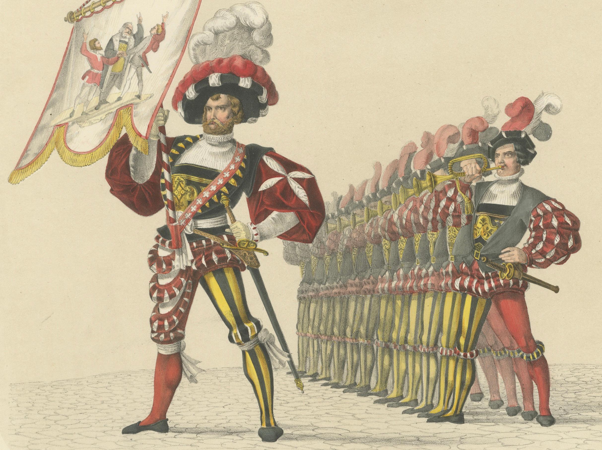 Titel: Das Banner der Schweizerischen Eidgenossenschaft und Wilhelm Tell - Eine nationale Hommage  

Beschreibung: Diese auffällige handkolorierte Lithographie ist Teil des Festalbums zum Eintritt Berns in die Eidgenossenschaft am 6. März 1353, das