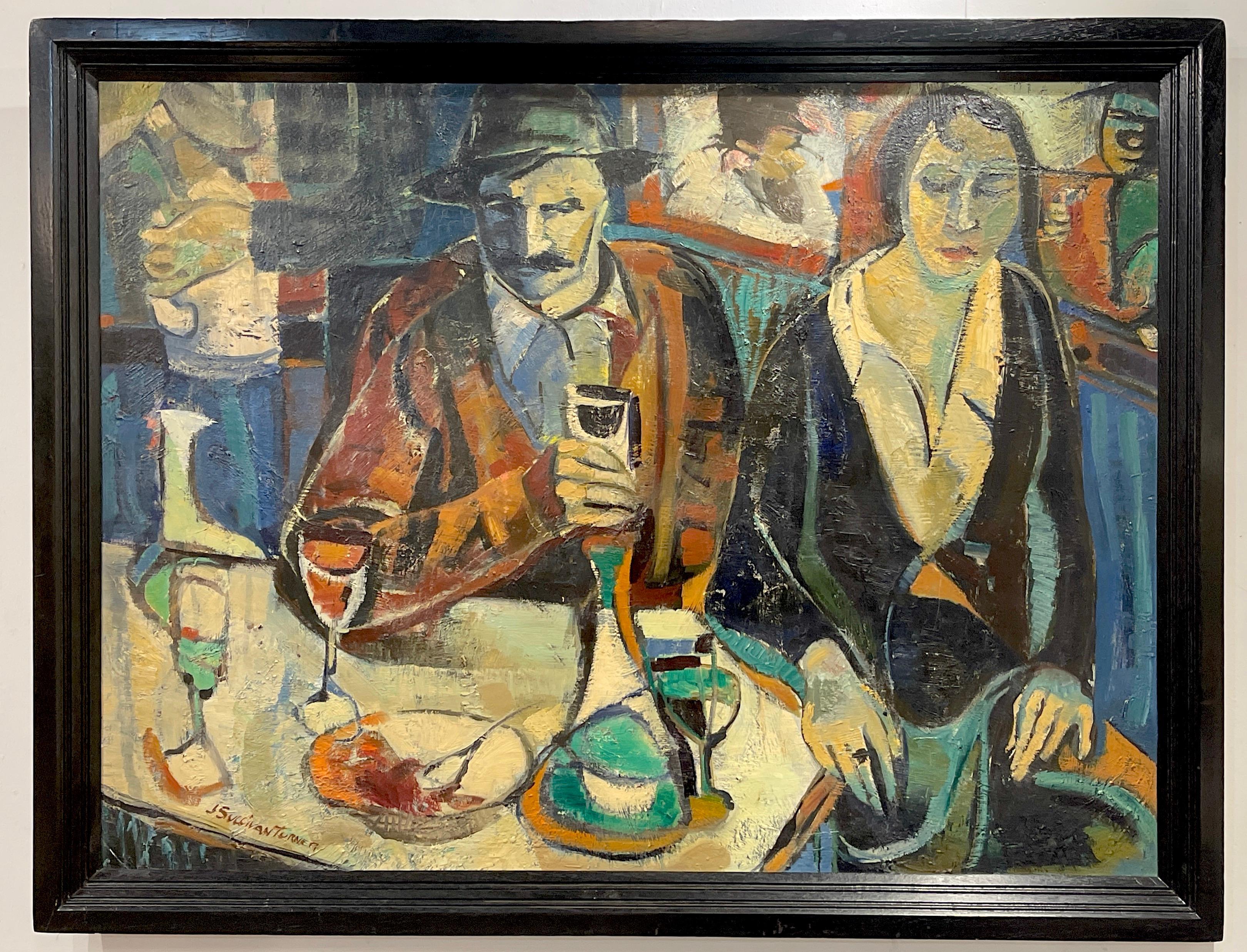 la Banquette par Janet Sullivan Turner
Janet Sullivan Turner (américaine, née en 1935) 
Une grande peinture cubiste/moderne intrigante d'un couple assis dans un café européen animé. 
Huile sur carton
Signé en bas à gauche 