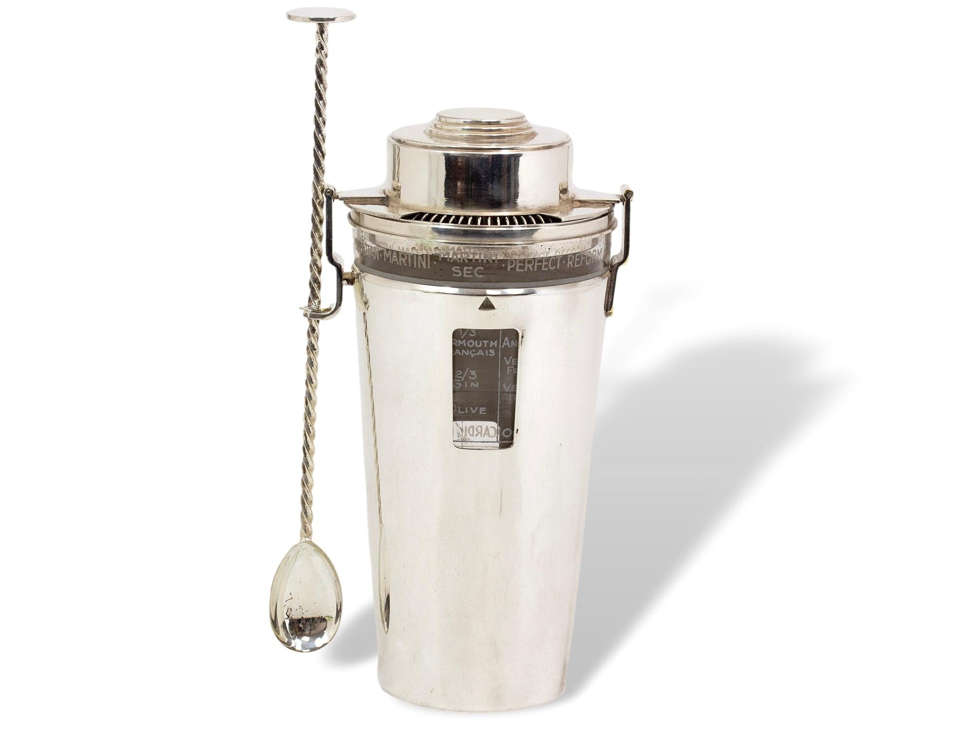 Made in France

From our Barware collection, we are thrilled to offer The Barman Art Deco Cocktail Shaker. The Cocktail shaker plated in Silver with an outer body with two windows to see each recipe, glass liner with etched recipes to the body,