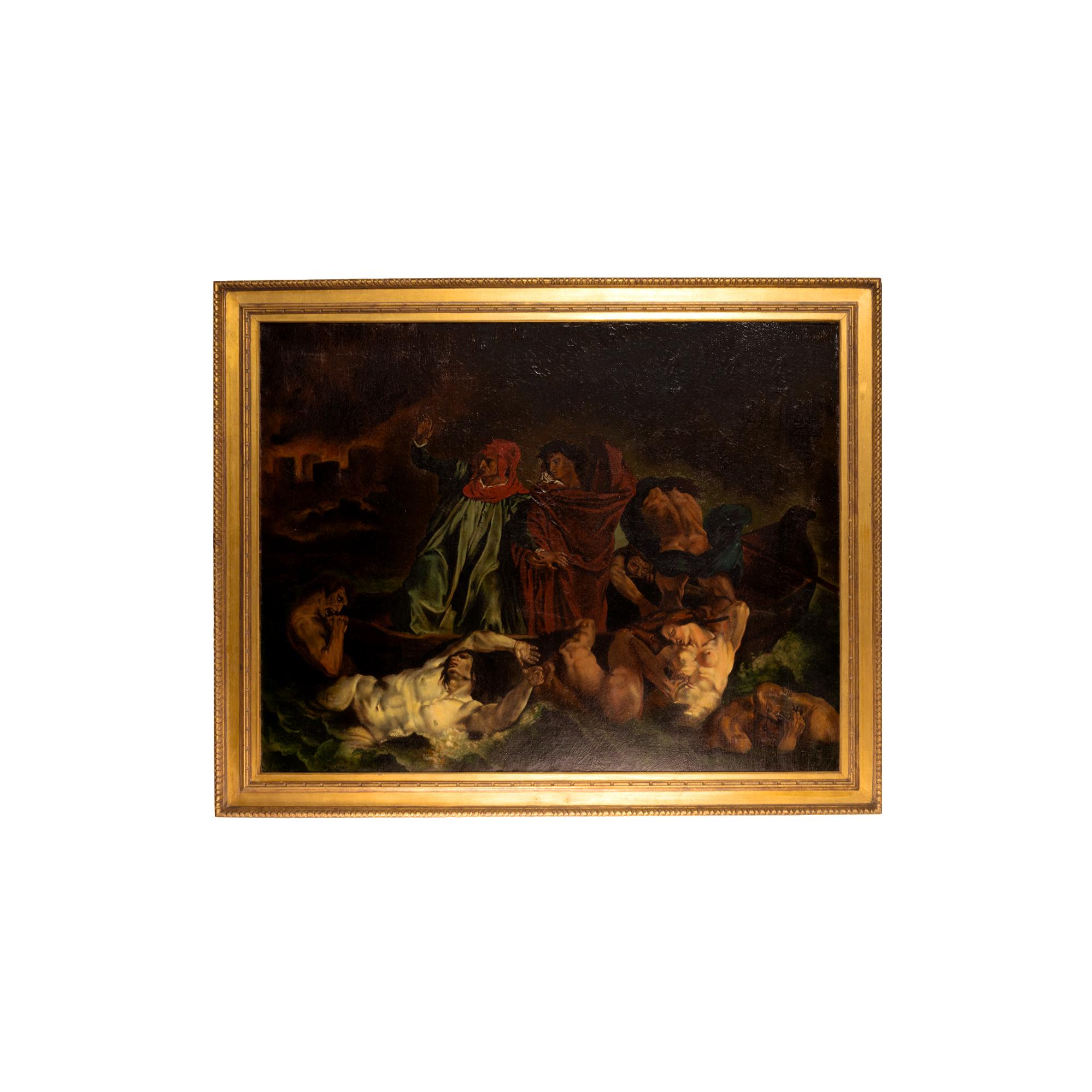 Una riproduzione antica di grande formato di un dipinto a olio di Eugéne Delacroix. L'opera intitolata 