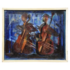 Vintage The Bassists, Original Midcentury Abstract Oil Painting by William Ernst Burwe