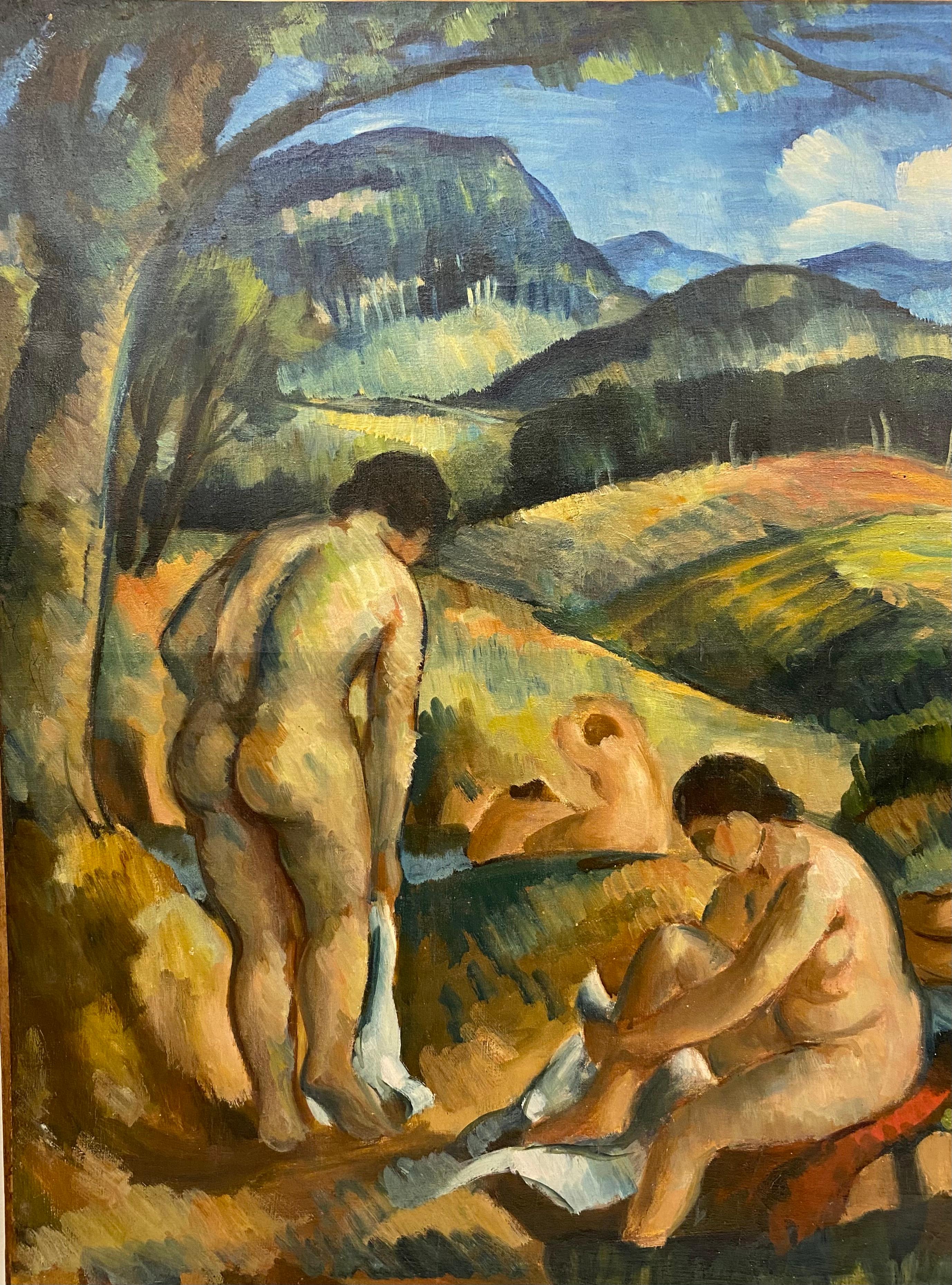 A fine painting depicting Les Grandes Baigneuses in the manner of Paul Cezanne's famous works of art. 

This beautiful painting was executed by an artist from Toulon named 
Marius Fely-Mouttet as noted on the back of the antique canvas. 

About this