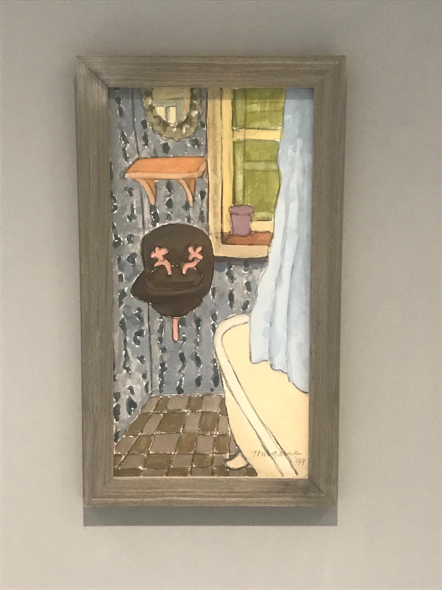 Exceptional representational painting featuring a quaint bathroom. Oil on canvas painting in custom grey cerused wood frame fitted with museum quality glass. The painting features figural forms depicting a charming washroom with tiled floor,