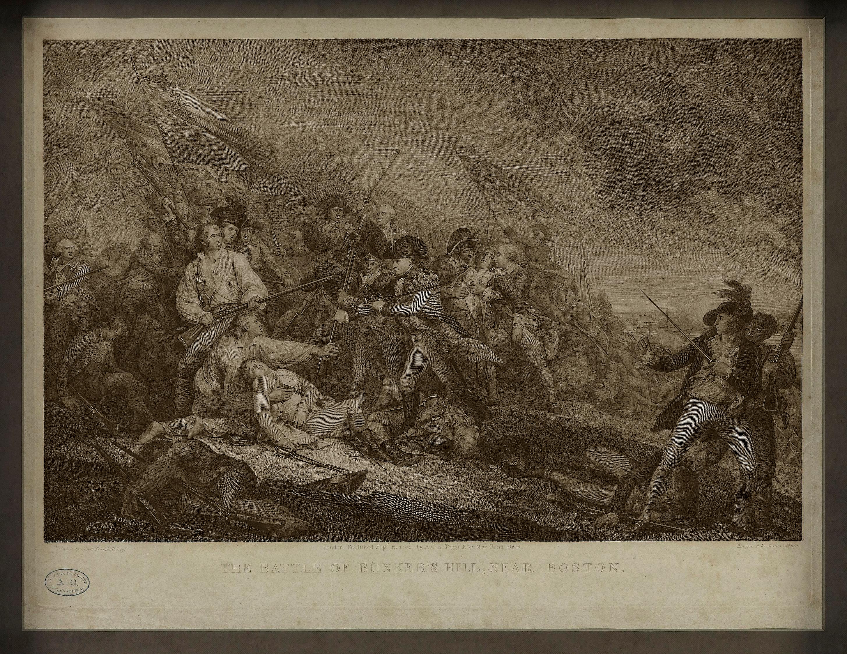 This dramatic Revolutionary War engraving of the Battle of Bunker Hill is after the famous 1785 oil-on-canvas by John Trumbull. Capturing the intensity of the battle, the engraving centers on Major John Small restraining a “lobster-back” from