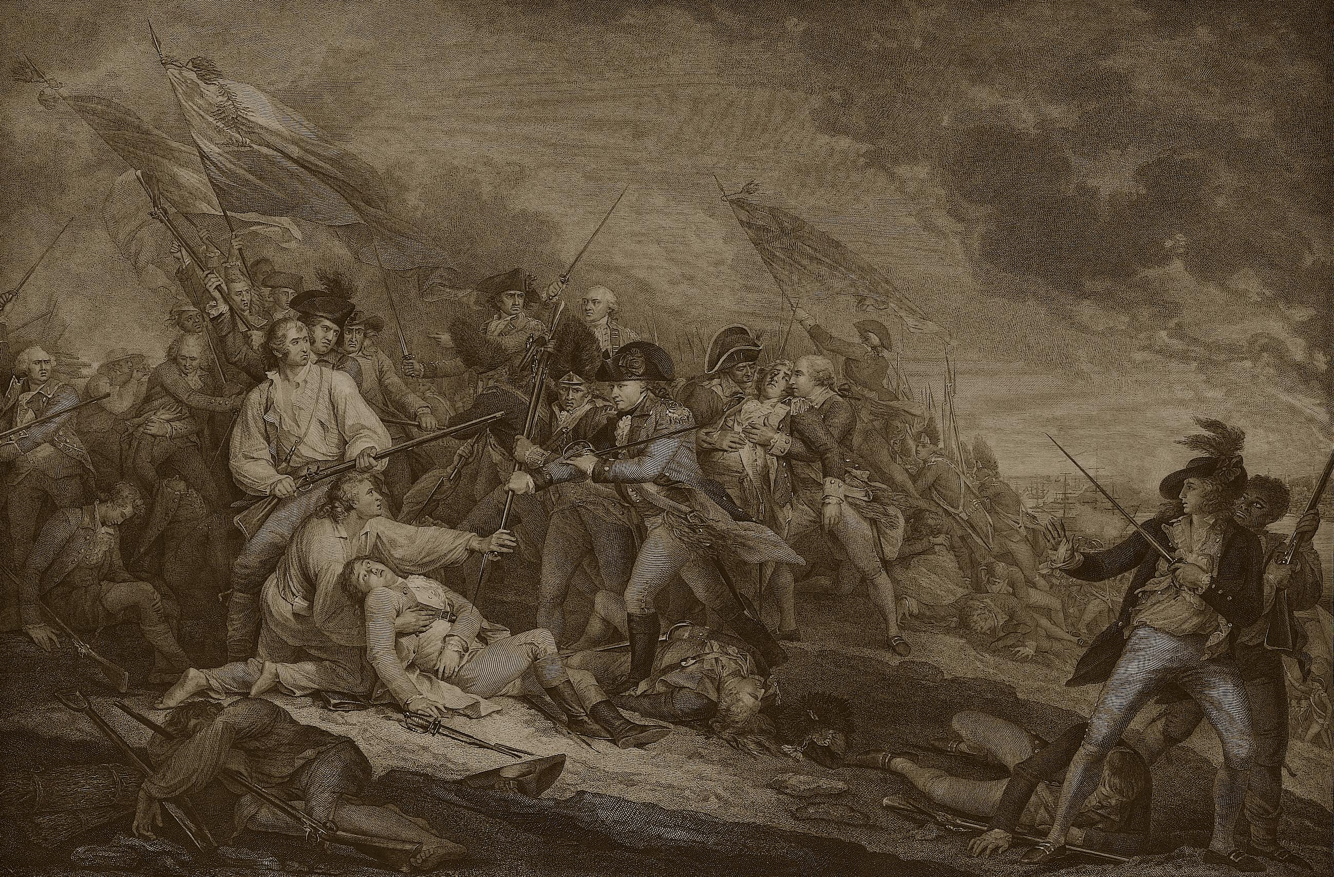 Fédéral « La bataille de Bunker's Hill, près de Boston », gravure de James Mitan, 1801 en vente