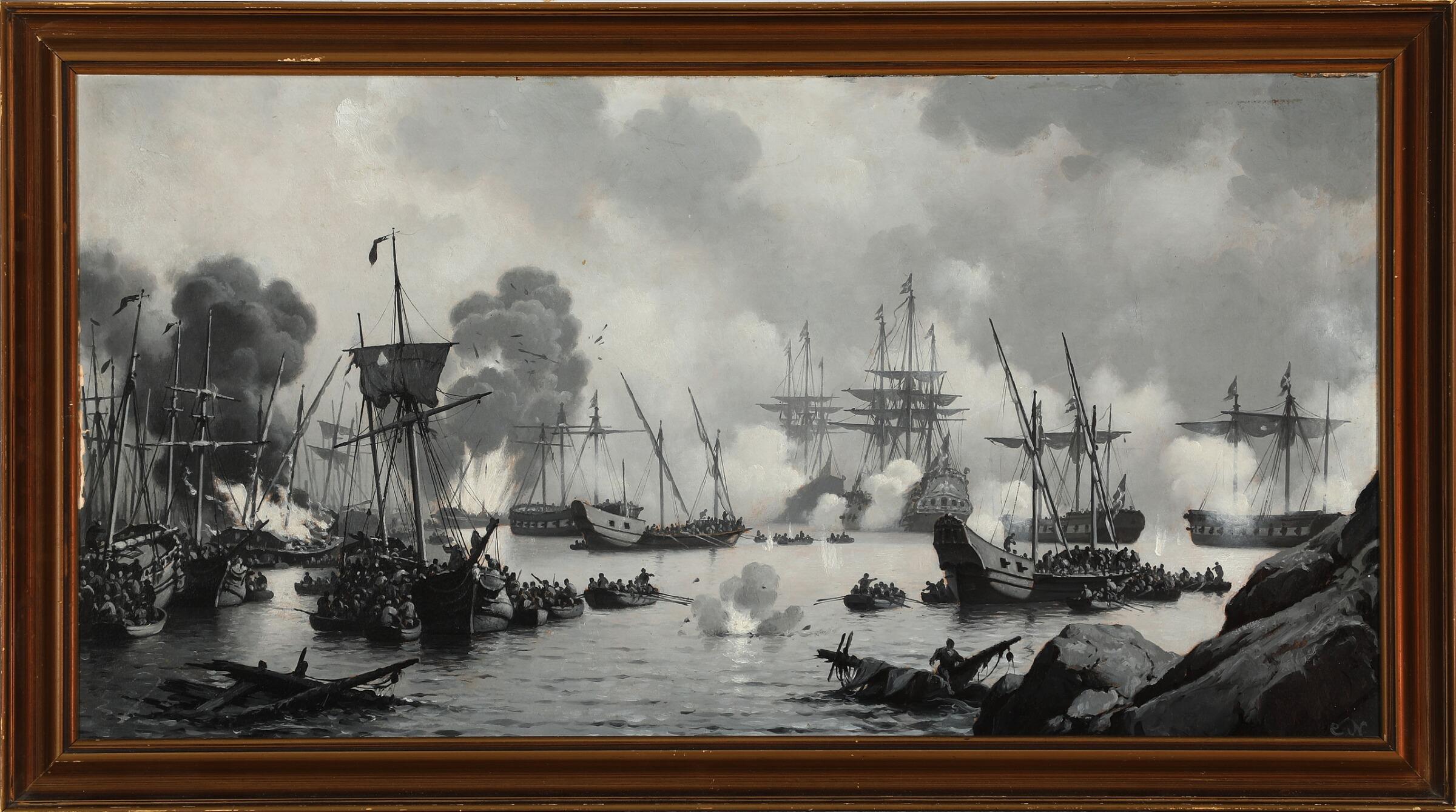 Carl Neumann oil on paper mounted on canvas. The battle of Dynekilen, during the Great Northern War, is one of the most famous naval battles in Danish military history. During the battle, Tordenskjold, a Danish Vice-Admiral managed to destroy