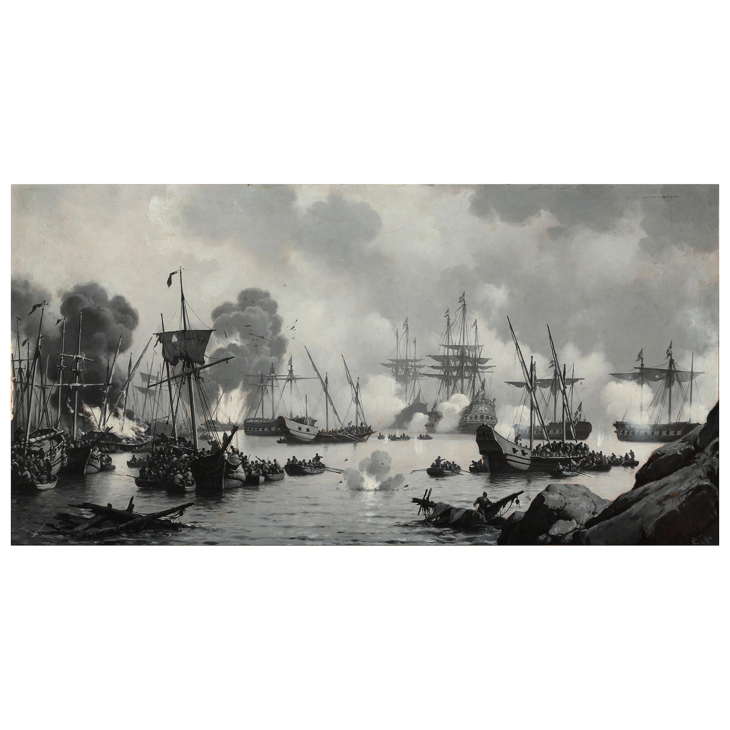 The Battle of Dynekilen June-July 1716 Carl Neumann Signed Painting For Sale
