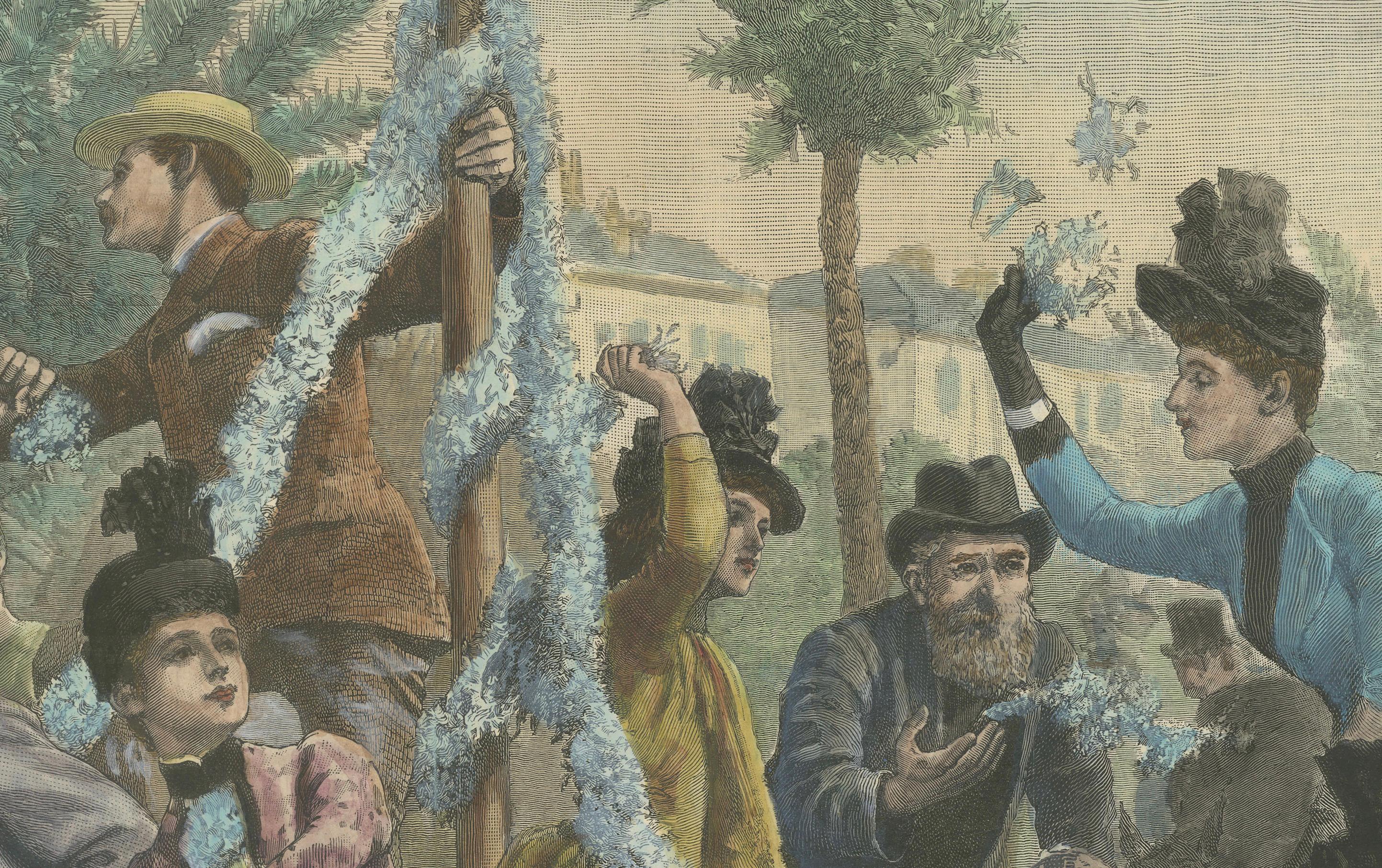 Gravé La bataille des fleurs à Cannes, gravure collectionnée à la main publiée en 1889 en vente