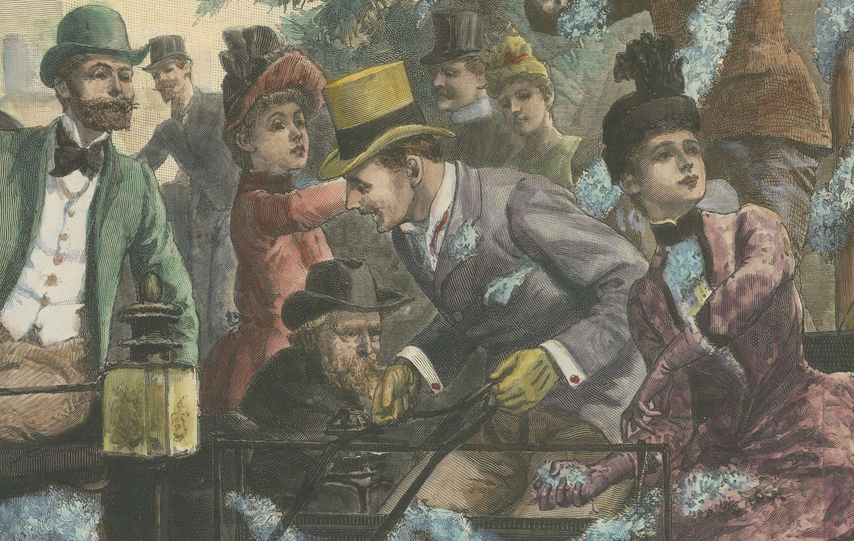 La bataille des fleurs à Cannes, gravure collectionnée à la main publiée en 1889 Bon état - En vente à Langweer, NL