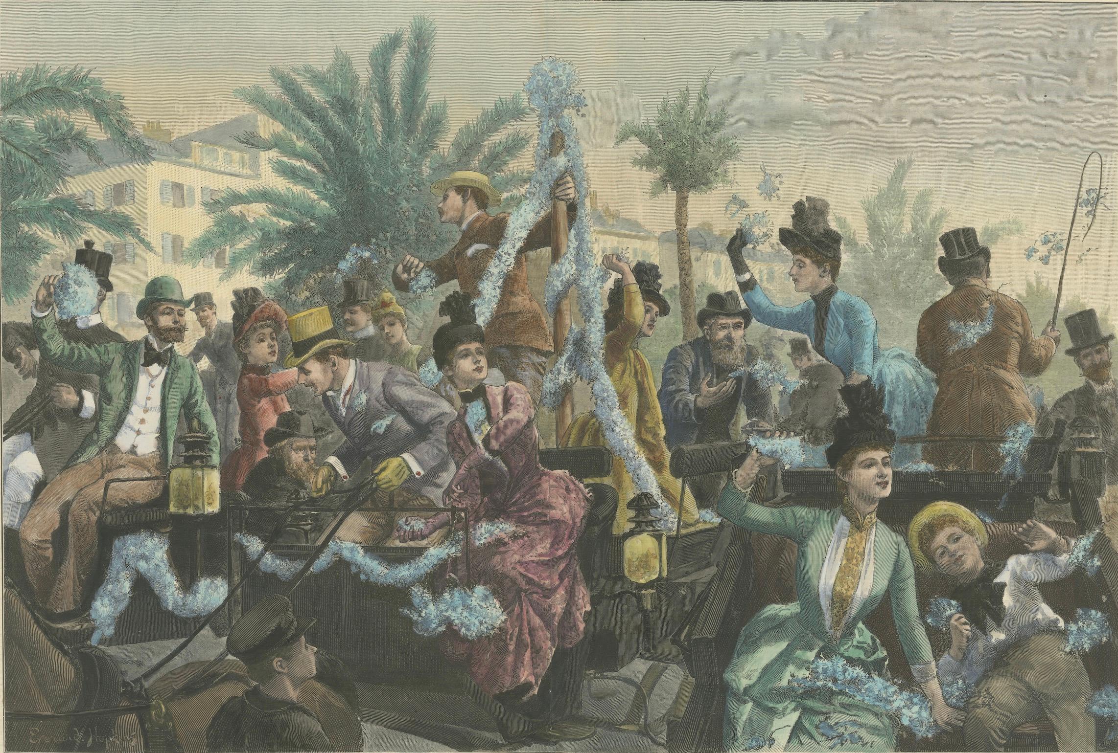 Fin du XIXe siècle La bataille des fleurs à Cannes, gravure collectionnée à la main publiée en 1889 en vente