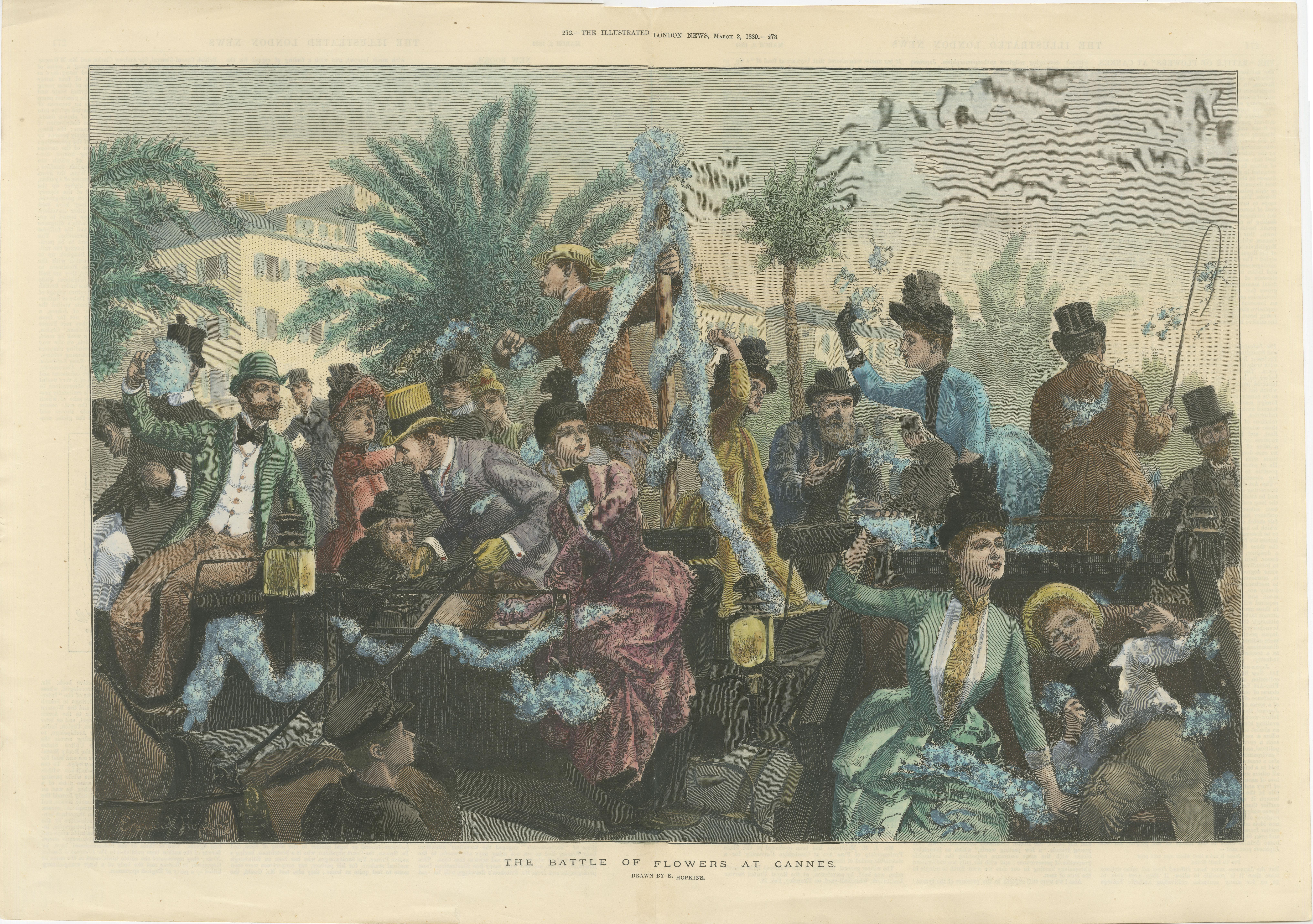 The Battle of Flowers at Cannes, Hand-Coloured Engraving Published in 1889
