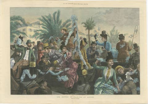 The Battle of Flowers at Cannes, Hand-Coloured Engraving Published in 1889